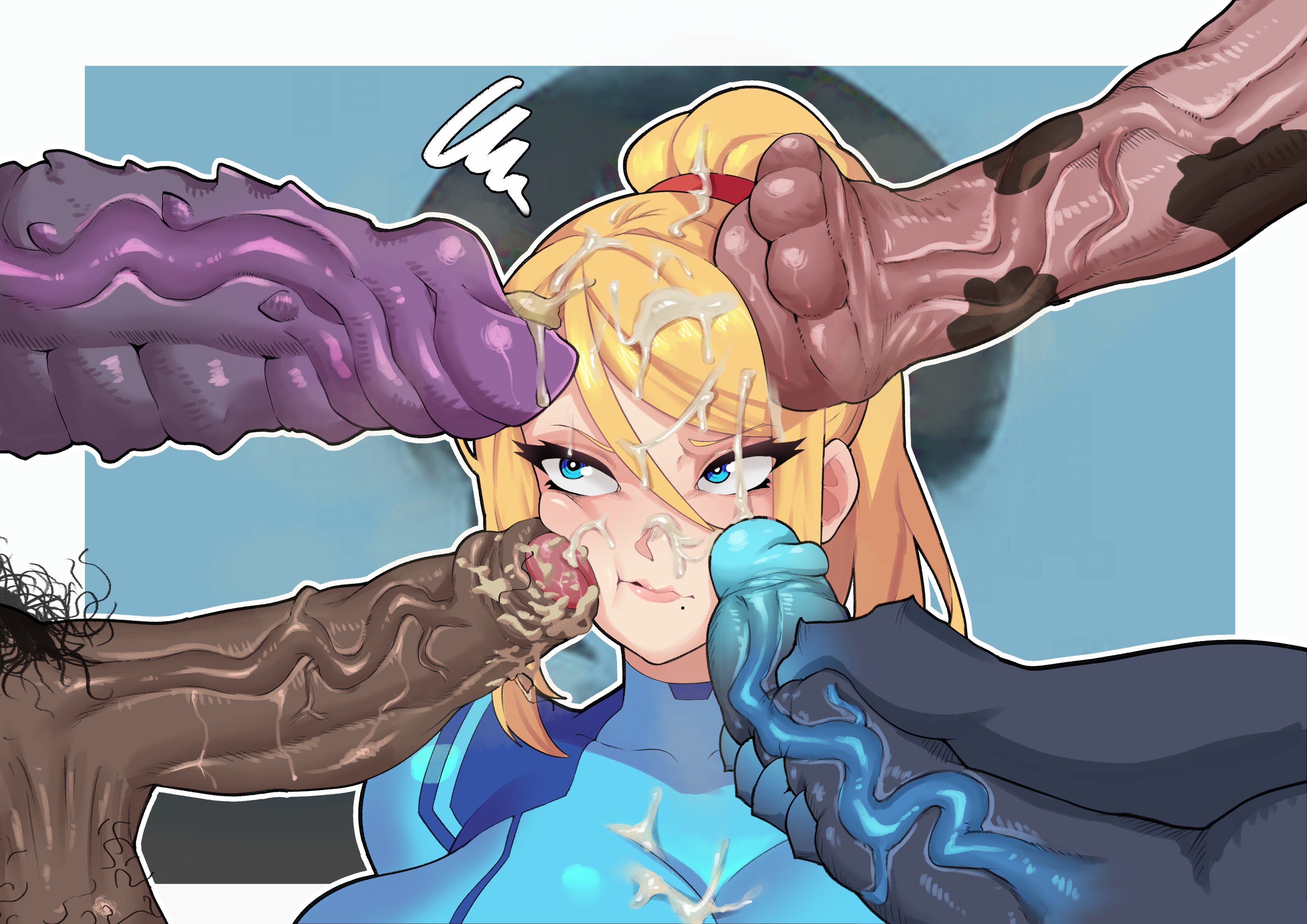 1girls, 4boys, 4boys1girl, alien, alien genitalia, animal genitalia, beauty mark, blonde hair, blue eyes, bukkake, byme, bymetalala, cock, cum, cum on face, dark samus, dick, female, horse penis, horsecock, male, male/female, meme, metroid, nintendo, penis, penis on face, ponytail, redline surrounded by guns (meme), ridley, samus aran, surrounded by men, surrounded by penises, uncensored, unseen male, unseen male face, variant, zero suit samus