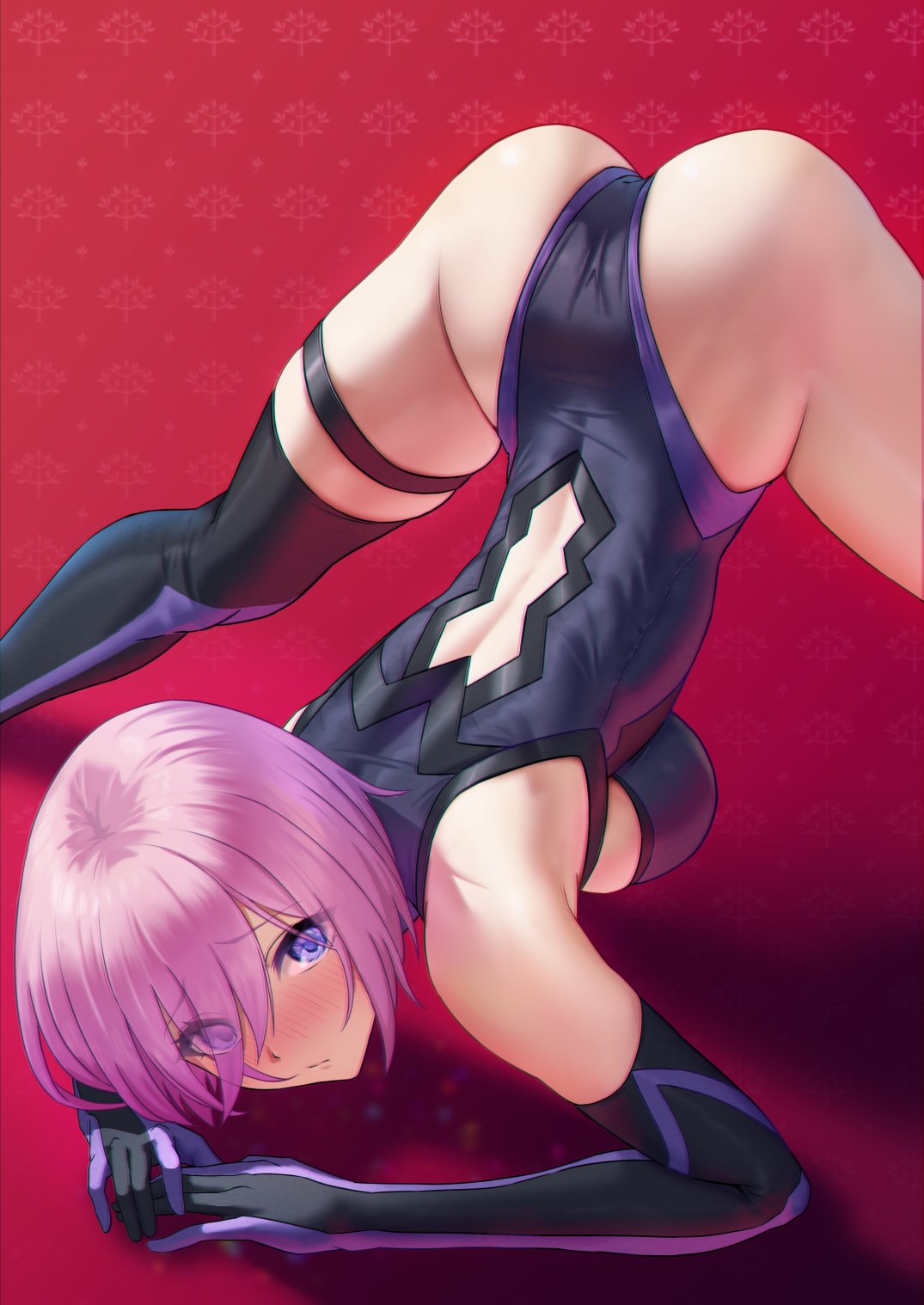 artist request, blush, breasts, elbow gloves, fate (series), fate/grand order, female, gloves, hair over one eye, jack-o pose, jackochallenge, looking at viewer, mash kyrielight, pink hair, purple eyes, red background, short hair, sideboob