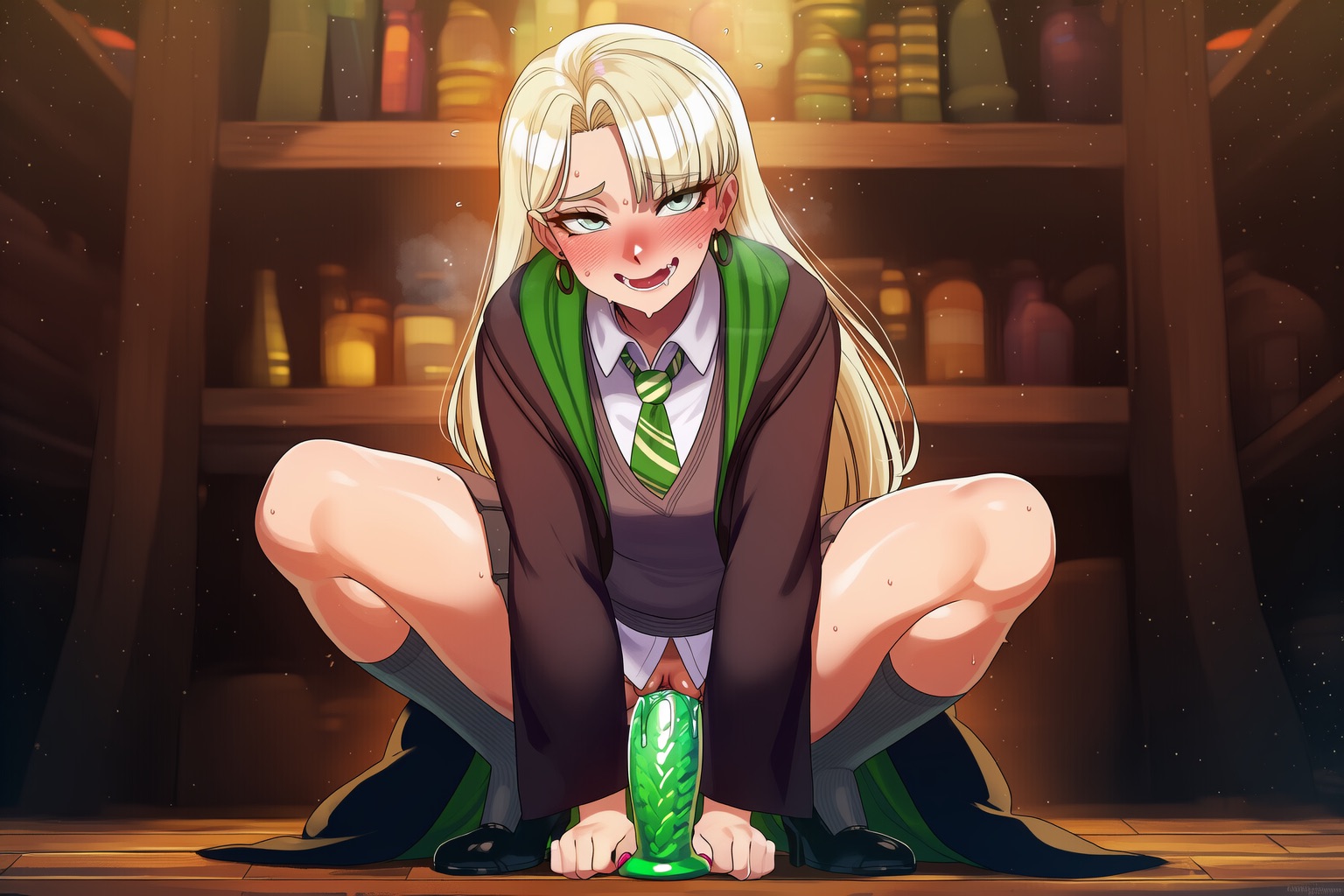 ai generated, angry, blonde female, blonde hair, blushing, dildo, dildo insertion, draco malfoy, draco malfoy (redteneri), earrings, genderswap, genderswap (mtf), green eyes, harry potter, long hair, naticai, no panties, preppy, pussy, rule 63, school uniform, sex toy, skirt