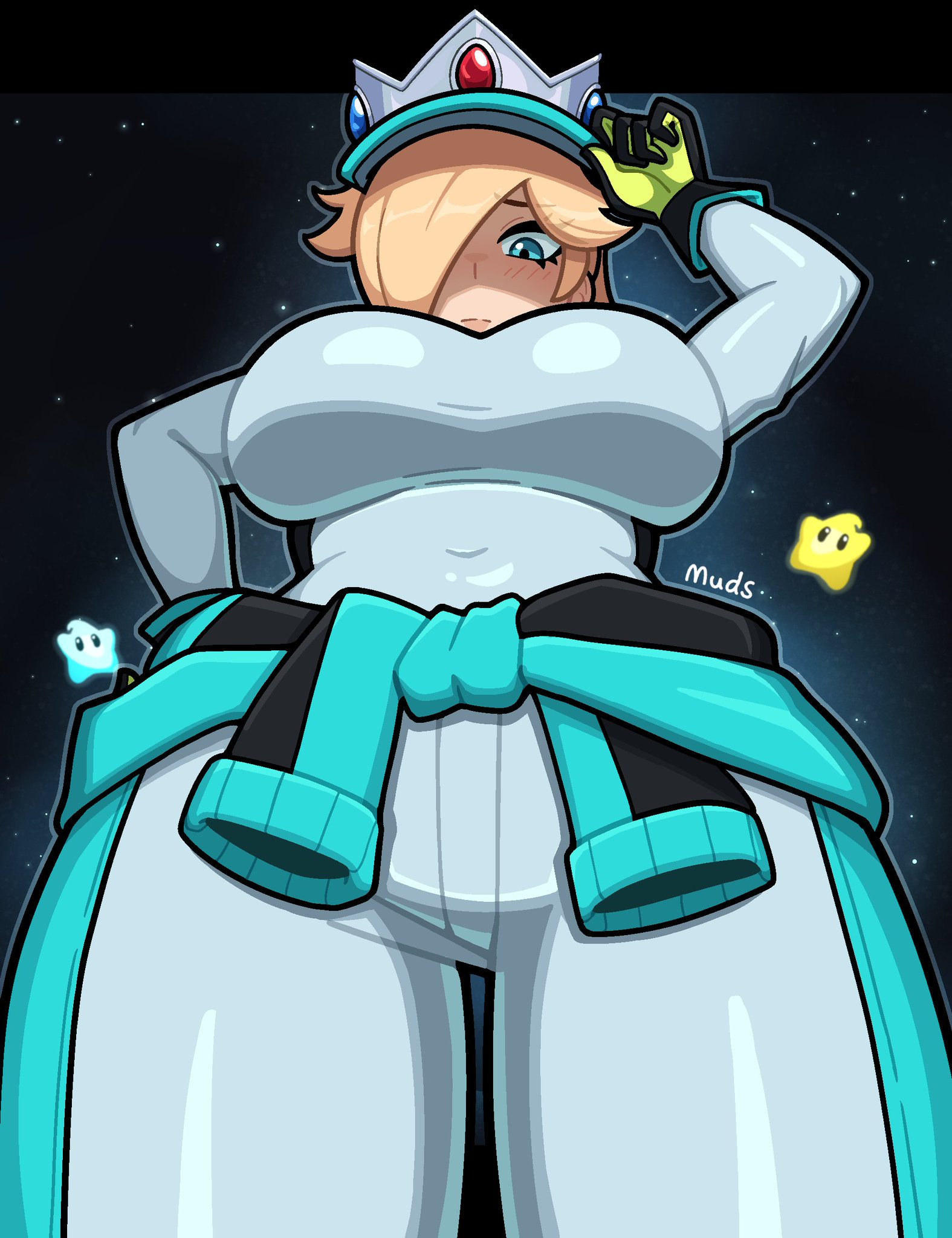 belly button, between legs, big breasts, blonde hair, breasts, hair over one eye, looking at viewer, looking down, mario (series), mario kart world, muds, nintendo, princess rosalina, princess rosalina (pro racer), sexy, sexy body, sexy female, tagme, thick thighs, underboob