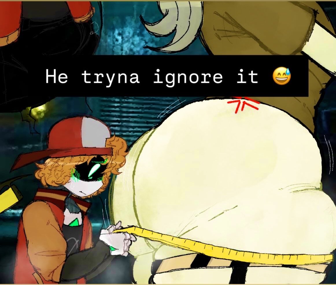 1boy, 1girls, annoyed expression, big ass, blush lines, erect penis, erection under clothes, green eyes, grey hair, he tryna ignore it (meme), j (murder drones), measuring tape, murder drone, murder drones, nice ass, smaller male, sunsettcatty (artist), taller female, thad (murder drones), u nkno3ngrounds, worker drone