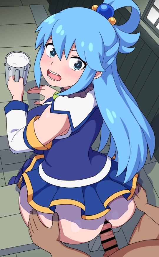 1girls, anus, aqua (konosuba), ass, big ass, big breasts, blue eyes, blue hair, breasts, censor bar, censored, female, kabeume, kono subarashii sekai ni shukufuku wo!, long hair, looking back, no panties, penetration, pussy, sex, skirt, thick thighs, thighs, vaginal penetration, vaginal sex