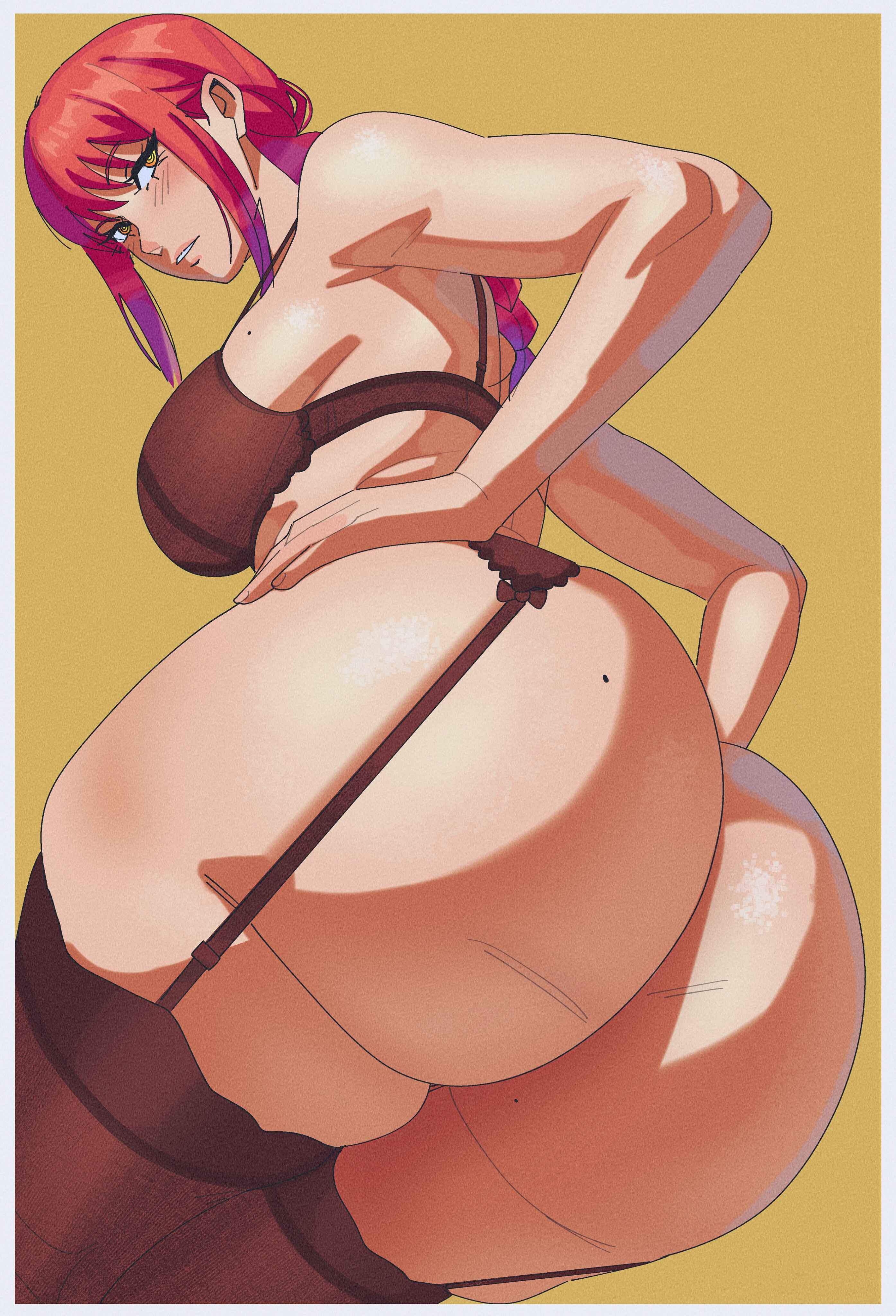 1girl, 2d, ass, beauty mark, beauty mark on ass, beauty mark on breasts, blush, chainsaw man, demon, demon girl, dumptruck ass, garter straps, hands on hips, huge ass, johnjohnjohnny, johnv, large breasts, makima (chainsaw man), red hair, tagme, voluptuous, voluptuous female, yellow eyes