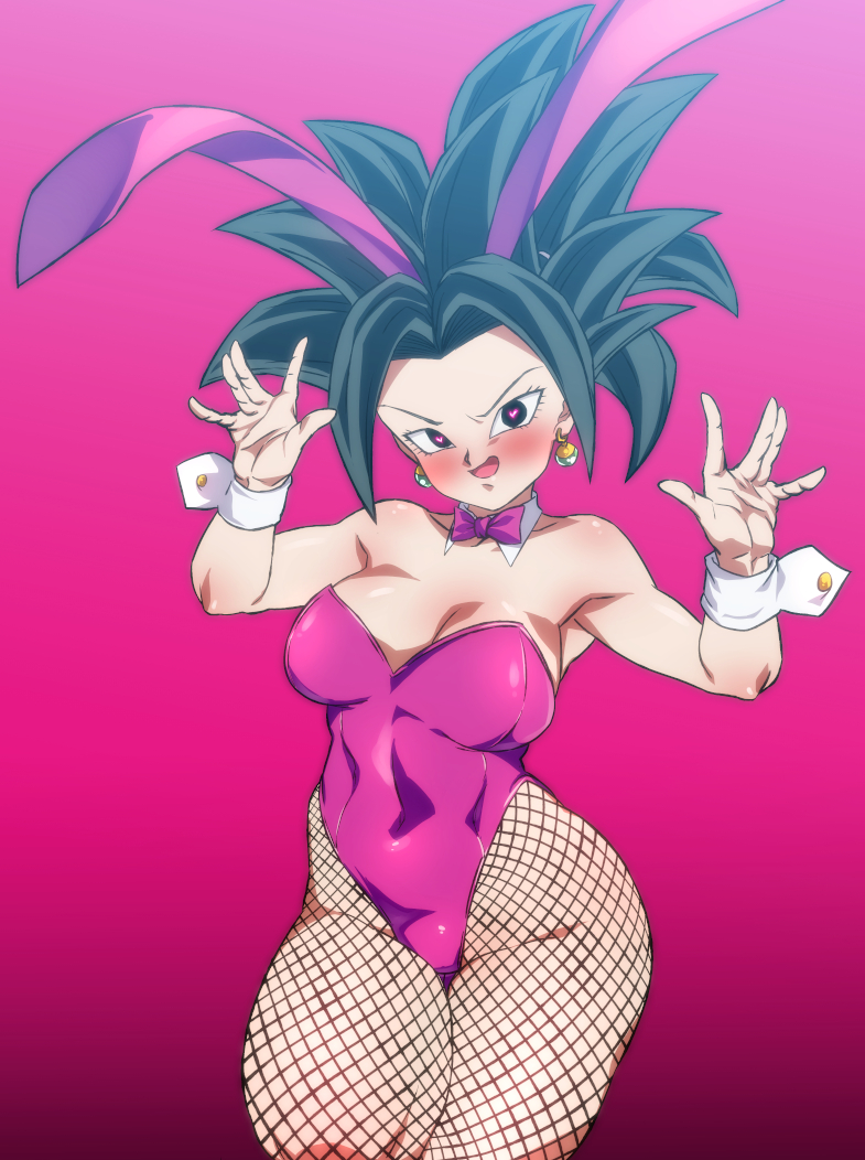 1girls, 2d, 2d (artwork), base form kefla, black eyes, black hair, bunny ears, bunny girl, bunny tail, bunnysuit, detached collar, dragon ball, dragon ball super, female, female only, fishnet pantyhose, fishnets, green hair, heart-shaped pupils, kefla, legs together, looking at viewer, neck ribbon, pantyhose, pink background, pose, potara earrings, rom, saiyan, smiling, smiling at viewer, solo, solo female, spiky hair, tagme, wide hips, wrist cuffs