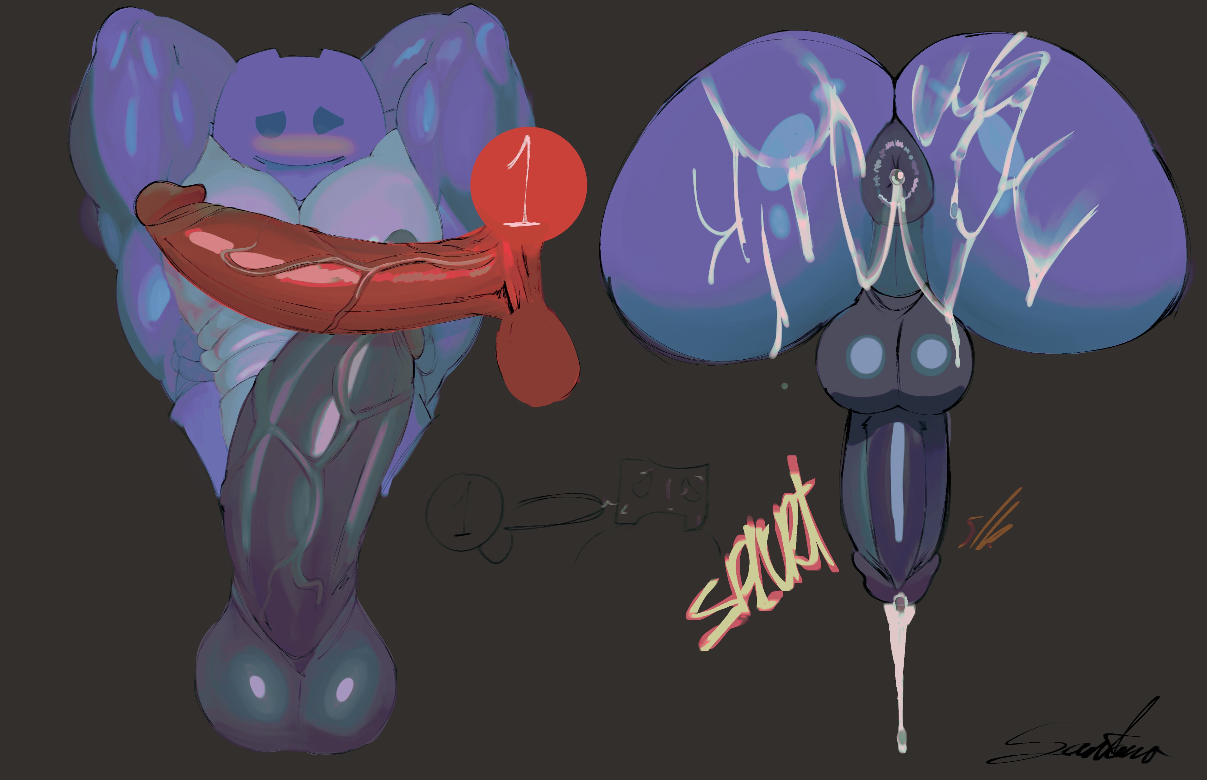 2d (artwork), anthropomorphization, anus, arms up, artist signature, balls, blue hair, blush, clyde (discord), cum, cum in ass, cumshot, discord, discord (app), discord logo, doodle, freeposers, gay sex, male, male only, massive penis, naked, nipples, notification, penis, puffy anus, simple background, tagme, veiny penis