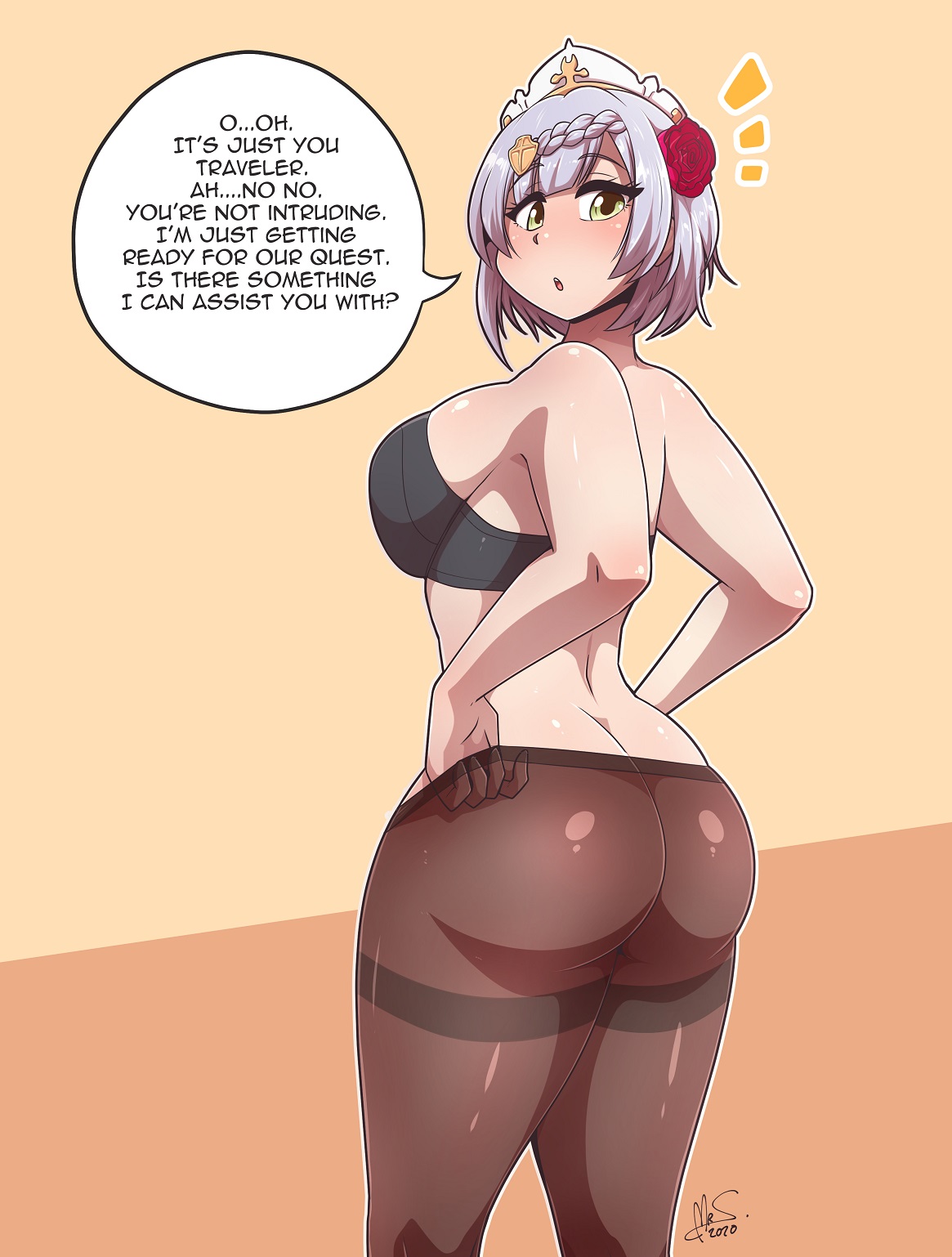 1girls, ass, ass crack, bare shoulders, big ass, big breasts, big butt, blush, blushing, bra, braid, breasts, butt crack, english text, eyebrows visible through hair, eyes visible through hair, female, female focus, female only, genshin impact, green eyes, hair, lavender hair, light green eyes, looking back, maid, mrsakai, noelle (genshin impact), olive eyes, pantyhose, rose (flower), rose in hair, ryousakai, short hair, simple background, solo, solo female, solo focus, tagme, text