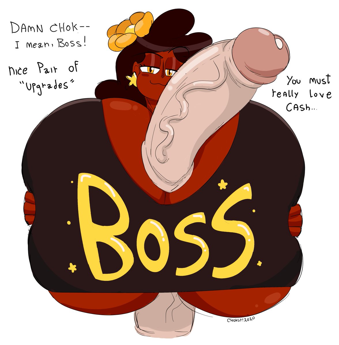 1boy, 1girls, big breasts, boss, bra, breasts, chokolatta, clothed, clothing, dialogue, english text, female, femdom, hair, large penis, looking at viewer, male, male pov, massive breasts, paizuri, paizuri under clothes, penis, pov, rule 63, smile, tasteofchoklit, tastetown (tasteofchoklit), text, titjob, yellow eyes