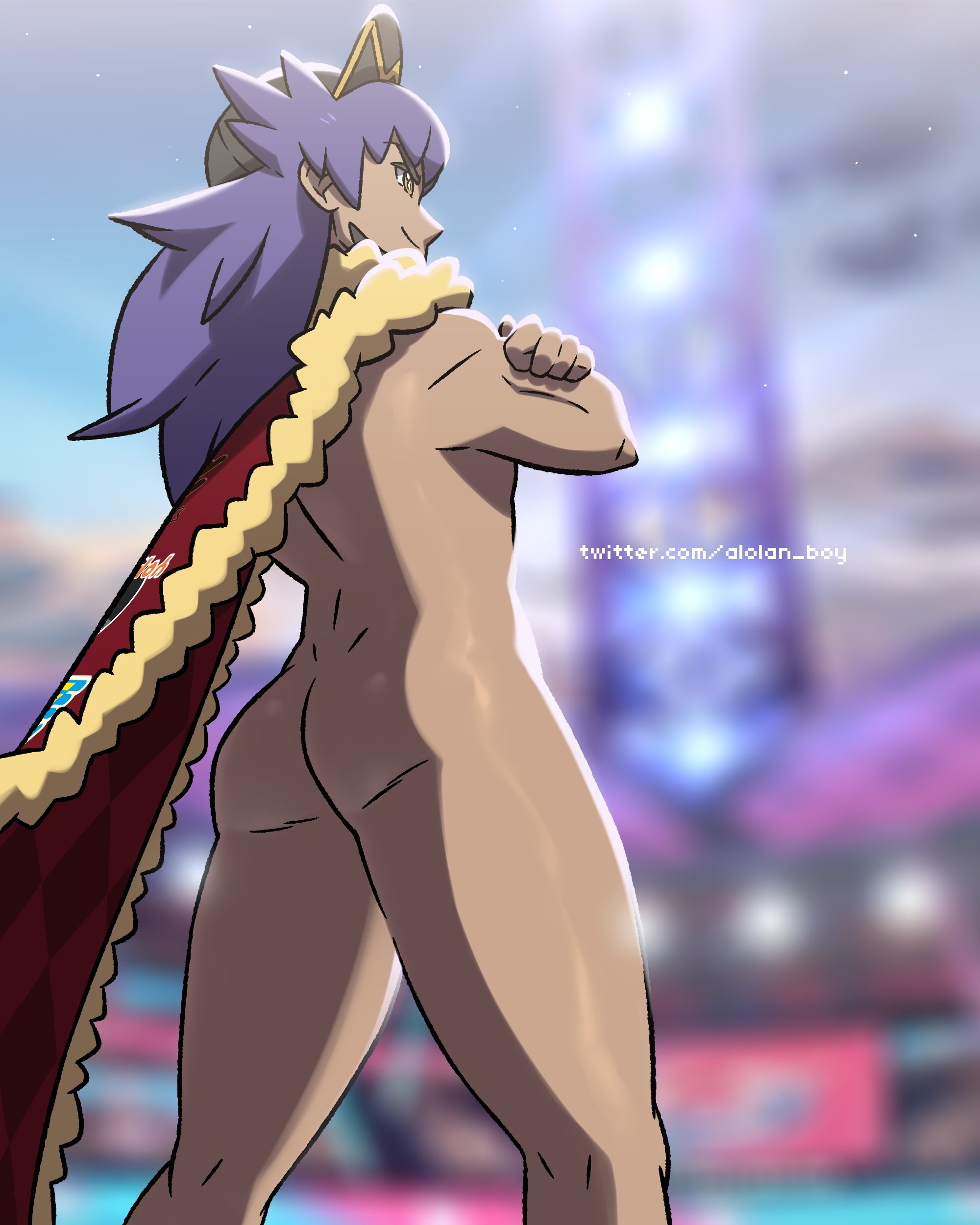 alolan boy, ass, back view, cape, dark skin, dark-skinned male, gay, leon (pokemon), male, male only, naked, pokemon, pokemon ss, smile
