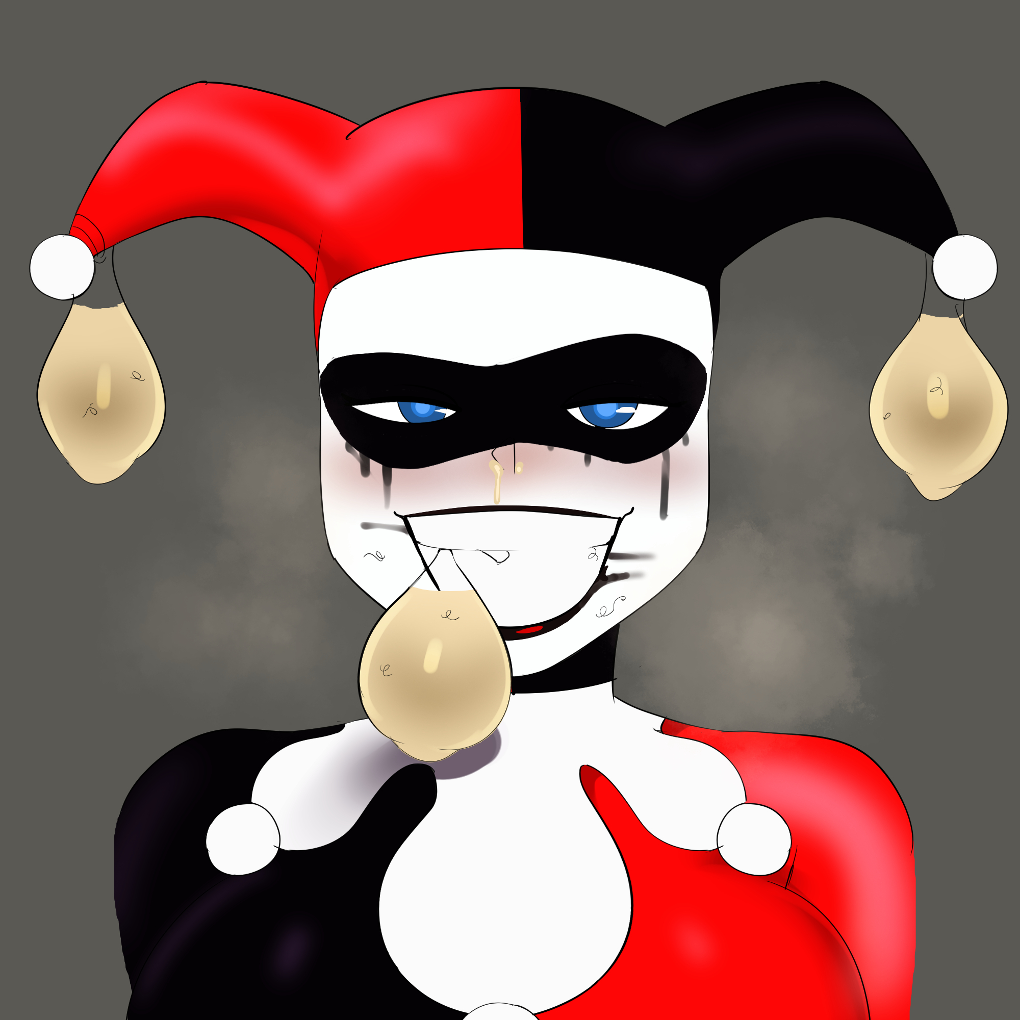 1girls, condom, cum in condom, cum in mouth, cum in nose, cum inside, cum out nose, filled condom, fully clothed, g3mma, harley quinn, harley quinn (classic), pubes, pubes on face, running mascara, runny makeup, smeared lipstick, smiling, solo focus, wearing condom, white skin