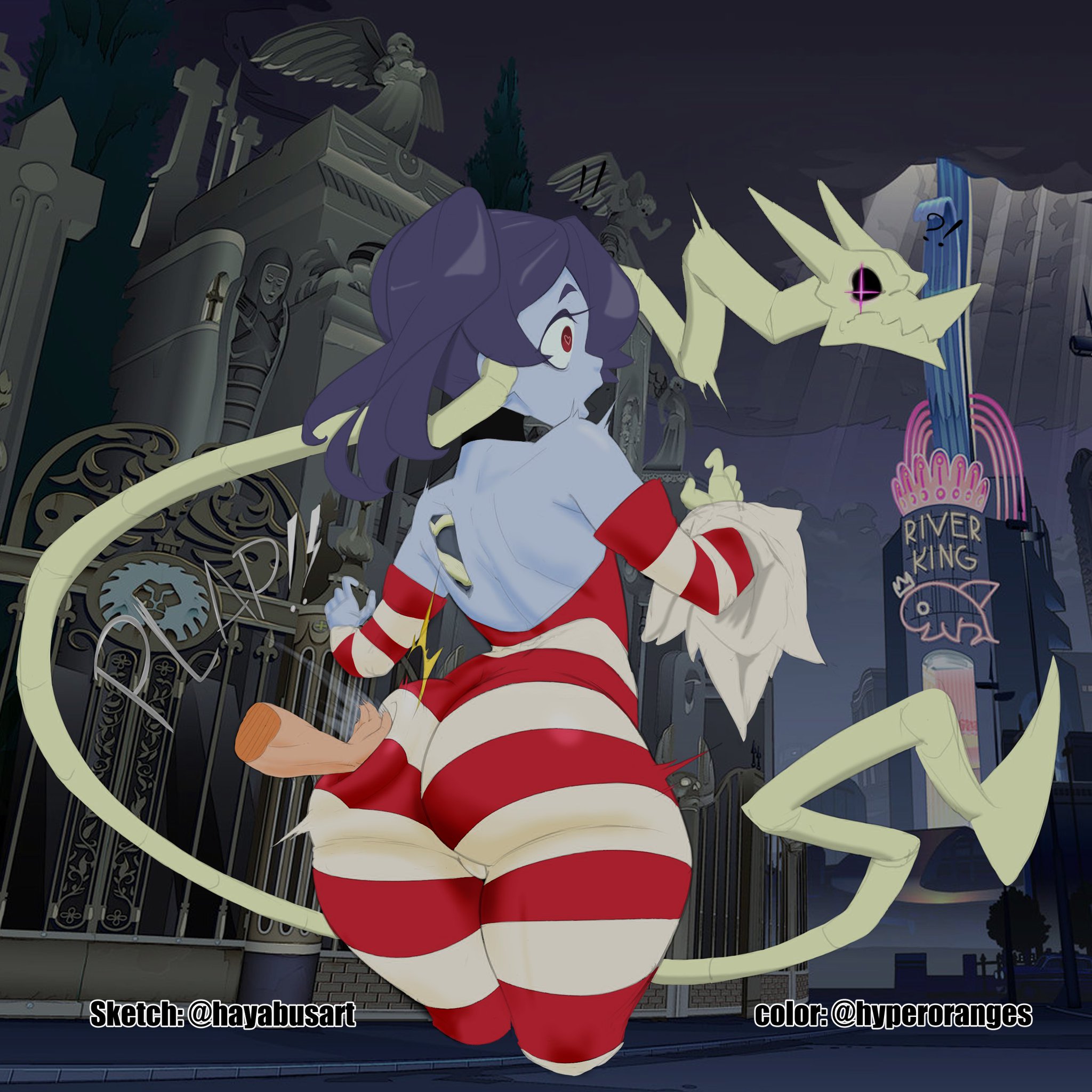ass, big ass, big butt, bubble ass, bubble butt, female, heart-shaped pupils, in-game background, large ass, leviathan (skullgirls), levitation, skullgirls, spanking, squigly, stockings, striped legwear, stripes, tights