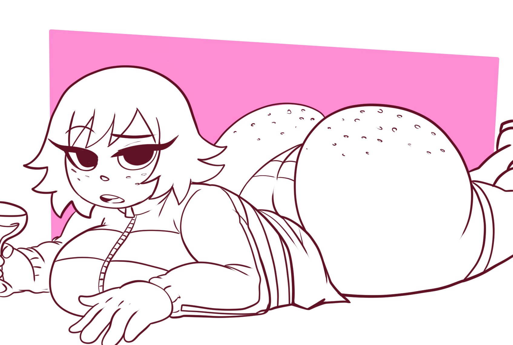 1girls, artist request, ass, ass bigger than head, big ass, big breasts, boots, breast squish, breasts, breasts against floor, freckles on ass, huge ass, kim pine, laying down, laying on stomach, monochrome, pantyhose, scott pilgrim, short hair, solo, solo female, track jacket, wedgie, wine glass, zipper