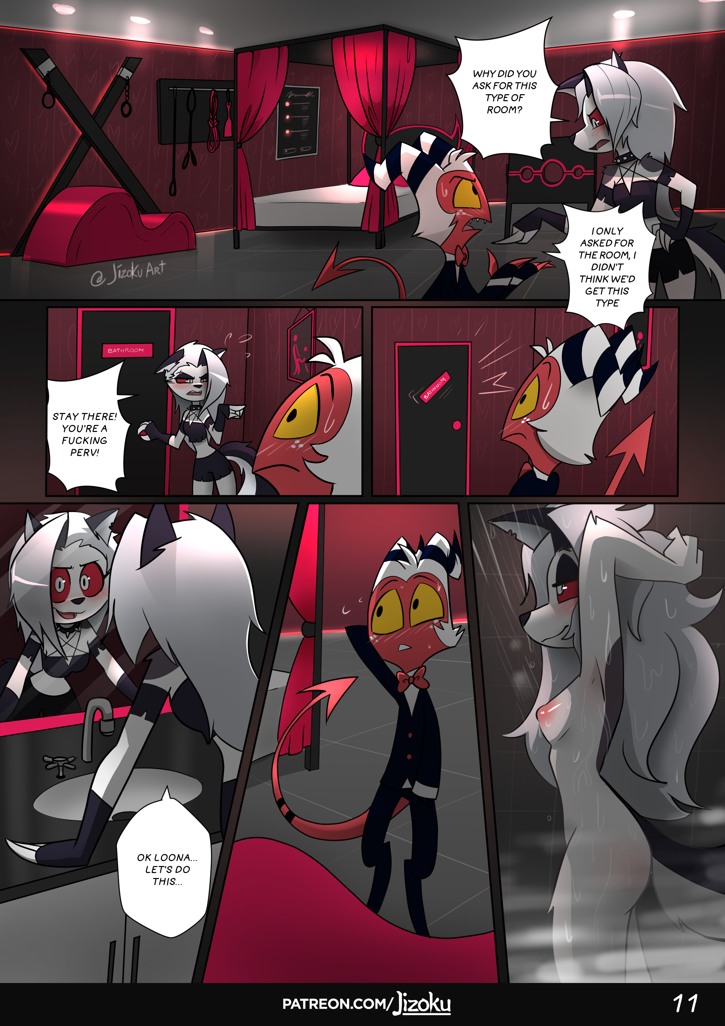 absurd res, anthro, bathroom, bdsm, bed, bondage, breasts, canid, canid demon, canine, clothed, clothing, collar, comic, demon, english text, female, fingerless gloves, fox, fur, furniture, gesture, gloves, hair, handwear, hellhound, helluva boss, hi res, humanoid, hybrid, imp, inside, jizoku, looking at another, looking at partner, loona (helluva boss), male, male/female, mammal, mirror, mirror reflection, moxxie (helluva boss), mythological canine, mythological creature, mythology, notched ear, nude, page 11, patreon username, pointing, profanity, reflection, rope, shower, size difference, smile, teenager, textrn, url, white body, white eyes, white fur, young