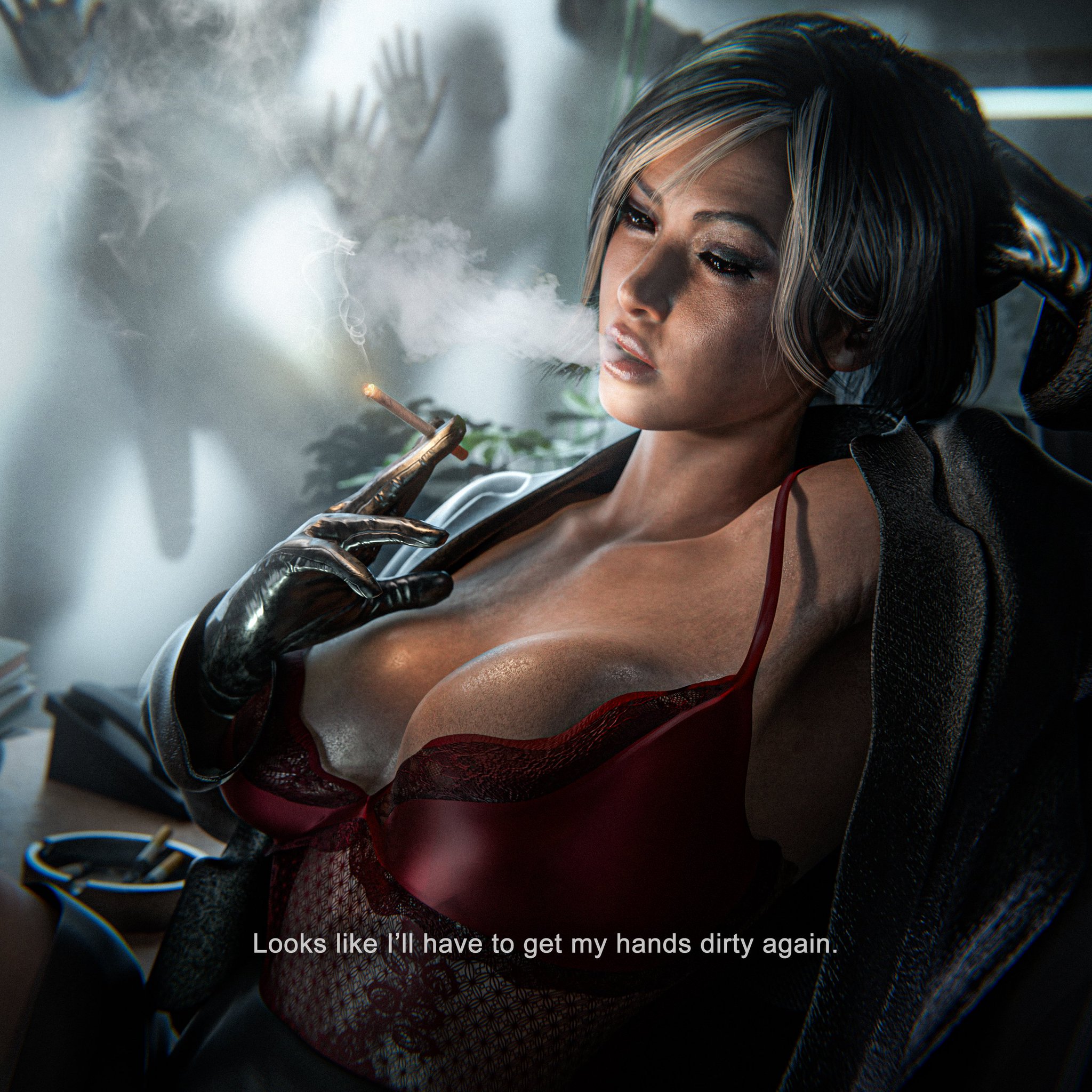 1girls, 3d, ada wong, ada wong (adriana), aged up, ayjokar, background character, background characters, big breasts, black hair, blowing smoke, bra, cigarette, cigarette smoke, cleavage, detailed background, english, english text, eyeliner, eyeshadow, female, female focus, gilf, gloves, grey hair, greying hair, huge cock, jacket, jacket open, jokar, lace-trimmed bra, light skin, light-skinned female, lingerie, lipstick, makeup, mascara, mature female, mature woman, partially clothed, partially clothed female, pinup, pinup pose, resident evil, salt and pepper hair, short hair, skirt, smoking, smoking cigarette, solo focus, text