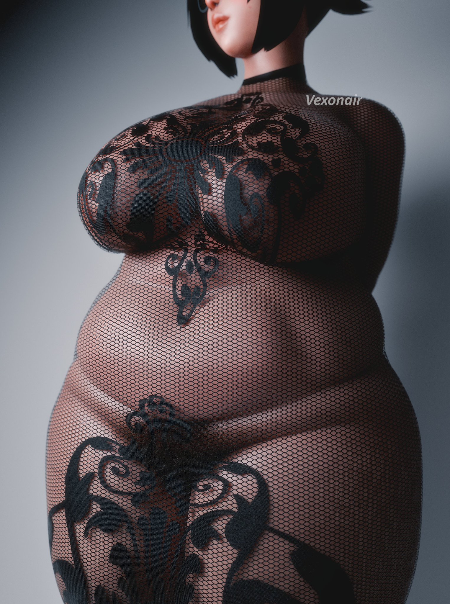 1girls, 3d, alternate version available, artist name, barely clothed, bbw, belly, belly overhang, brown hair, bush, carpet matching drapes, cellulite, chubby, chubby belly, chubby female, face out of frame, female, female only, fishnet bodysuit, fishnet dress, glasses, huge breasts, light skin, light-skinned female, love handles, medium hair, mei (overwatch), mei ling zhou, mei-ling zhou, overwatch, overwatch 2, ponytail, pubic hair, simple background, skimpy, skimpy clothes, solid color background, solo, stretch marks, thick thighs, tummy, vexonair, watermark, wide hips, wide thighs