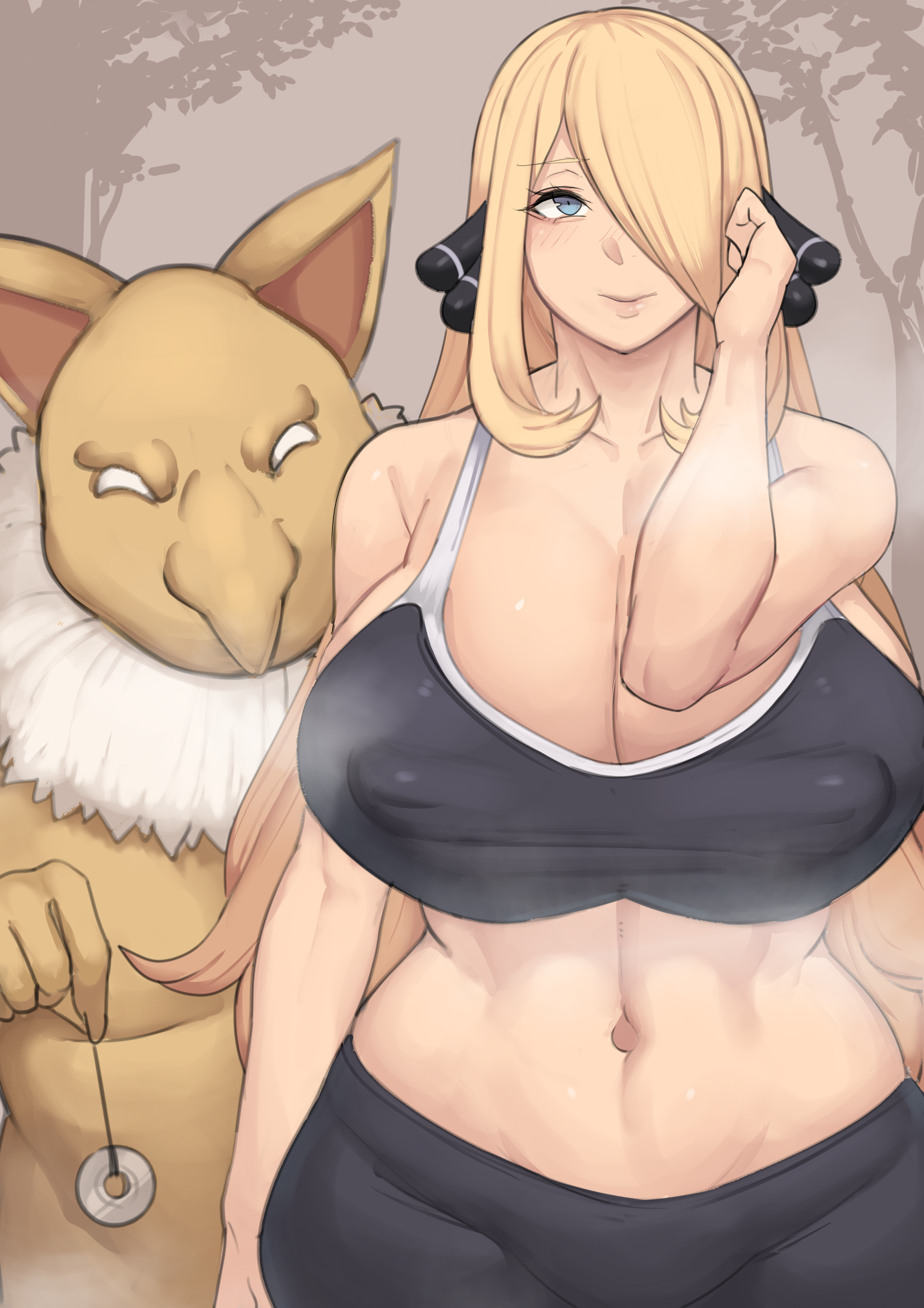 1boy, 1girls, 1pokemon, 2021, armpit crease, belly button, black sports bra, black yoga pants, blonde female, blonde hair, blue eyes, breasts, busty, cleavage, curvy, cynthia (pokemon), erect nipples, erect nipples under clothes, female, female focus, hair over one eye, hi res, huge breasts, hypno, long nose, looking at viewer, male, metal owl, midriff, nintendo, nipple bulge, nipples, no text version, pendulum, pokemon, pokemon (species), pokemon dppt, puffy nipples, smile, sports bra, sportswear, steam, steaming body, thick thighs, thighs, tight clothing, tight fit, venus body, voluptuous, white eyes, white fur, wide hips, yellow body, yoga pants