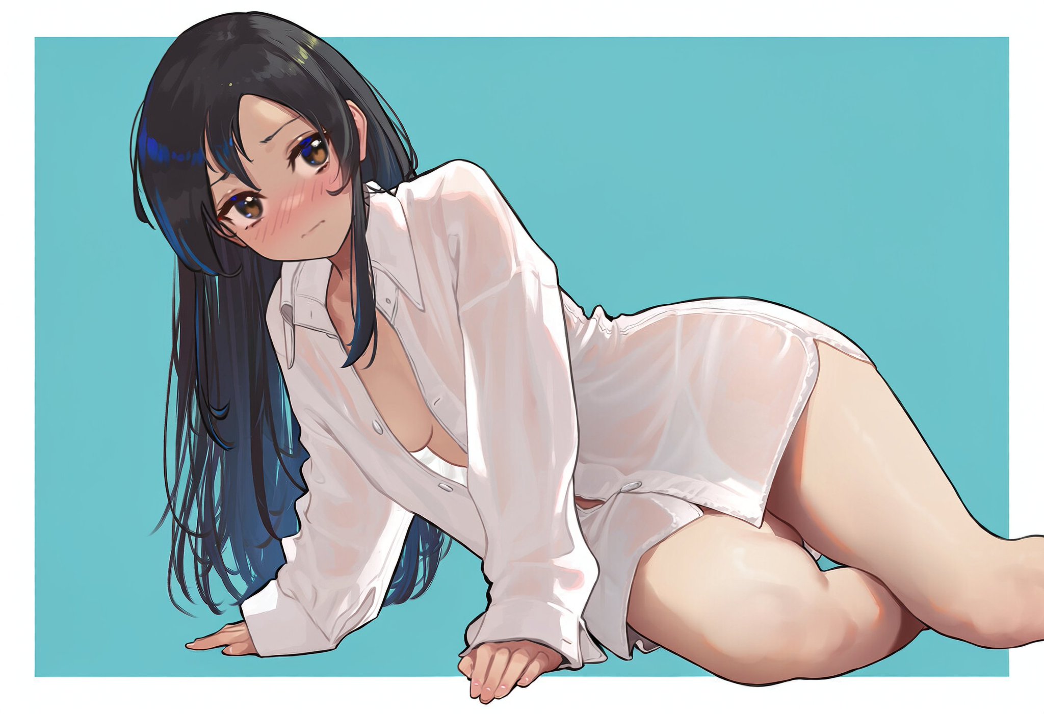 1girls, artist request, black eyes, black hair, blue background, blush, braless, breasts, breedable hips, child bearing hips, curvy hips, curvy teen, cute, cute expression, cute face, cute female, embarrassed, female, female focus, female only, fertile hips, highres, hips, laying on side, legs, long hair, mushoku tensei, mushoku tensei: isekai ittara honki dasu, nanahoshi shizuka, nearly nude, nude underneath, open clothes, open shirt, oversized clothes, oversized shirt, see-through, see-through clothing, shirt, shy, simple background, solo, solo female, teenage female, teenage girl, teenager, thighs, transparent clothing, white clothing, white shirt, white underwear, young female