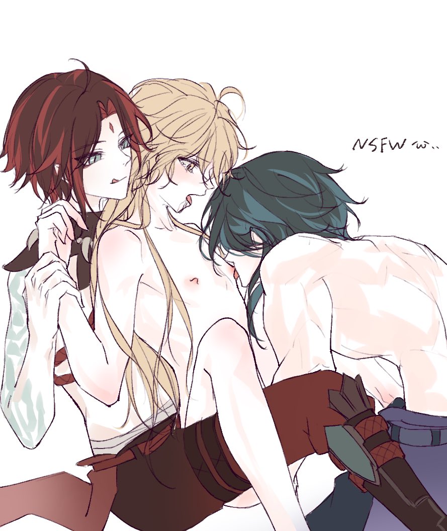 3boys aether_(genshin_impact) blonde_hair femboy gay geeeee_ss genshin_impact green_hair licking male naked nude red_hair redxiao xiao_(genshin_impact) yaoi