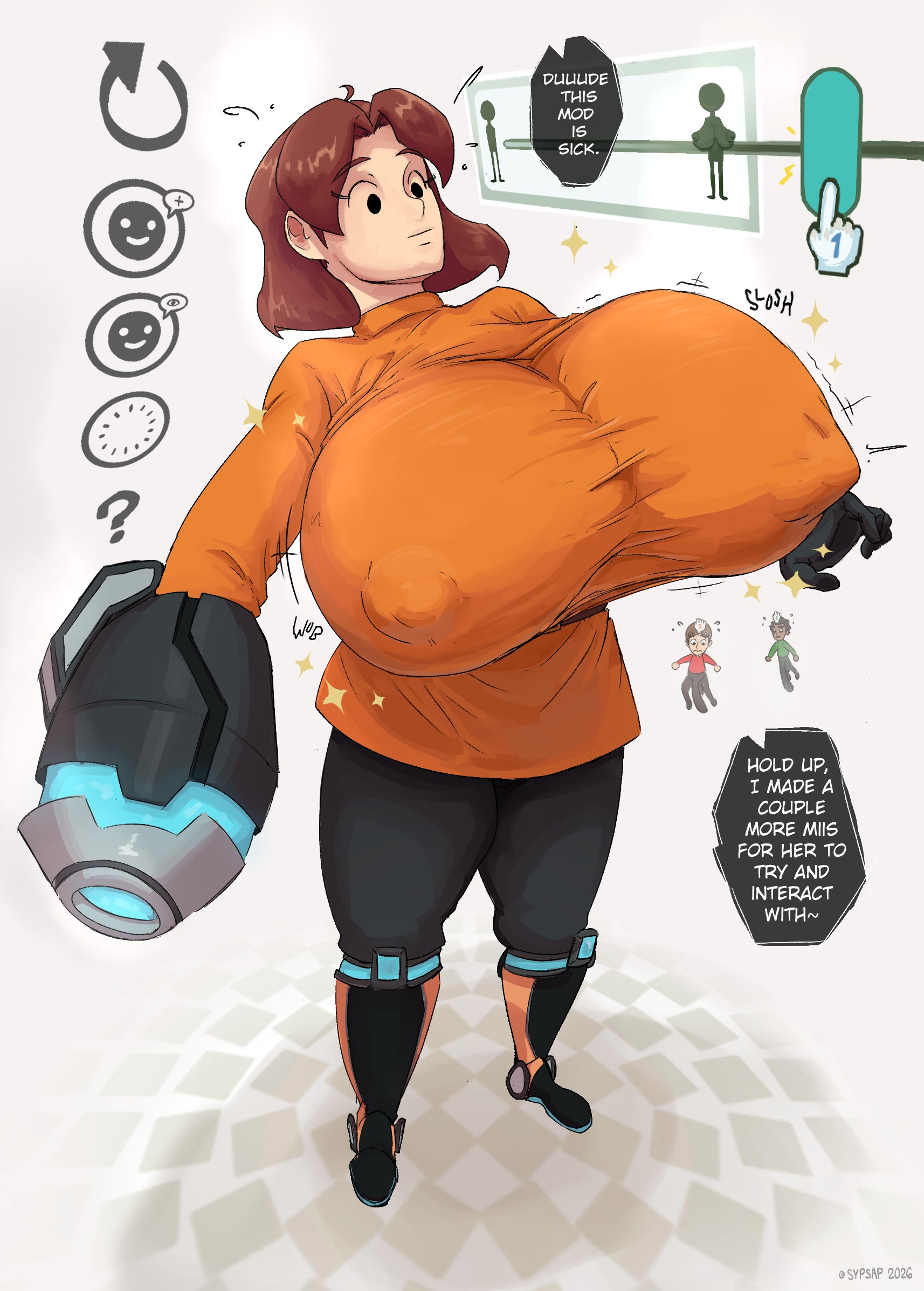 1girls, 2026, 2boys, ahoge, arm cannon, belt, big breasts, big nipples, black pants, boots, breast expansion, breast slider, brown hair, default mii (male), english text, female focus, gigantic penis, gloves, guest c, huge breasts, light skin, light-skinned female, looking at breasts, looking at penis, looking down, mii, mii channel, mii gunner, mii gunner (smash 4), mob face, motion lines, nintendo, nipple bulge, no sex, onomatopoeia, orange shirt, slider, sloshing breasts, sparkles, stretched clothing, super smash bros., super smash bros. for nintendo 3ds and wii u, sweating, sypsap, taut shirt, white background