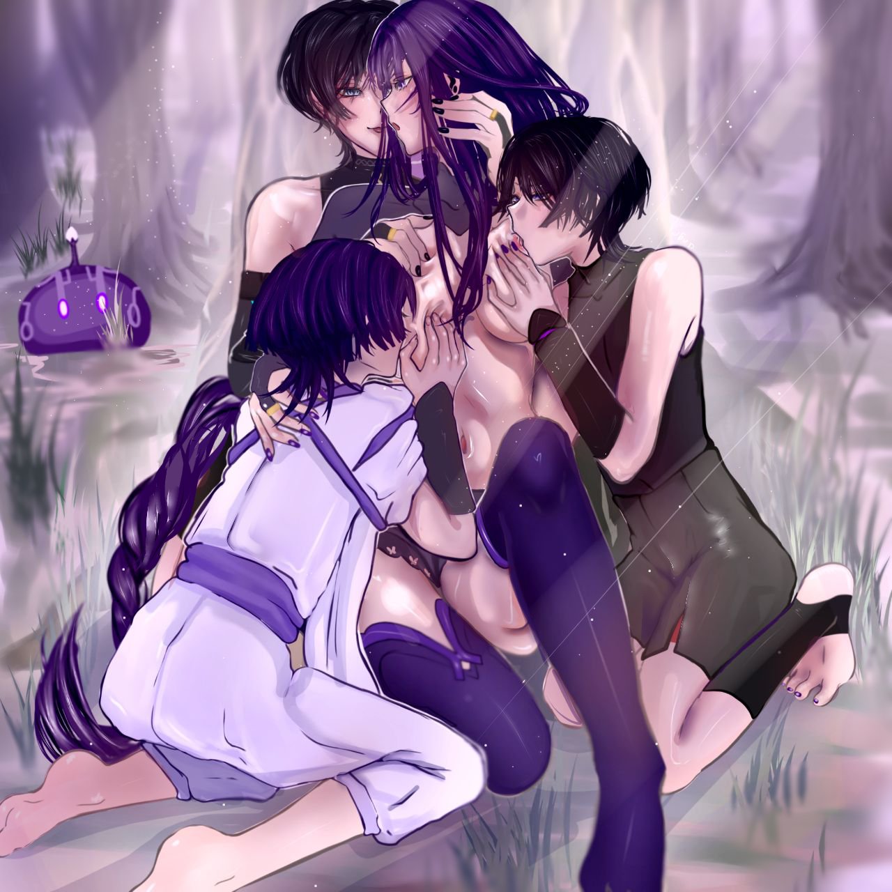 bodysuit, breasts, female, fingerless gloves, genshin impact, incest, kabukimono, male, male with painted nails, male/female, mother and son, multiple males, outdoor nudity, outdoors, public exposure, public indecency, public nudity, raiden shogun, raining, scaramouche (genshin impact), sucking breasts, sucking nipples, thighhighs, wanderer (genshin impact)