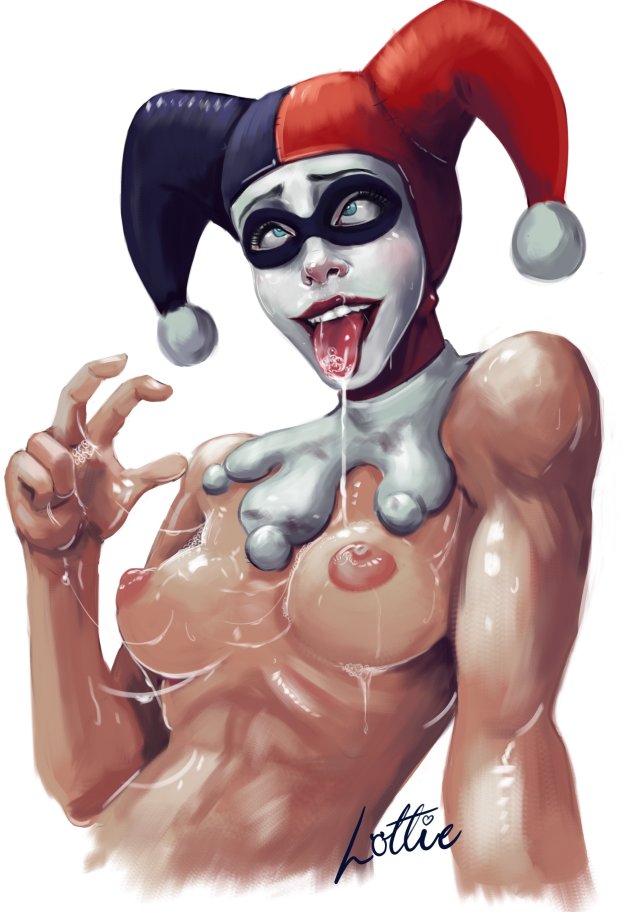 1girls, breasts, cum, cum in mouth, cum on breasts, cum on face, cum string, dc comics, female, harley quinn, harley quinn (classic), lottie hotley, nipples, solo, tongue, tongue out