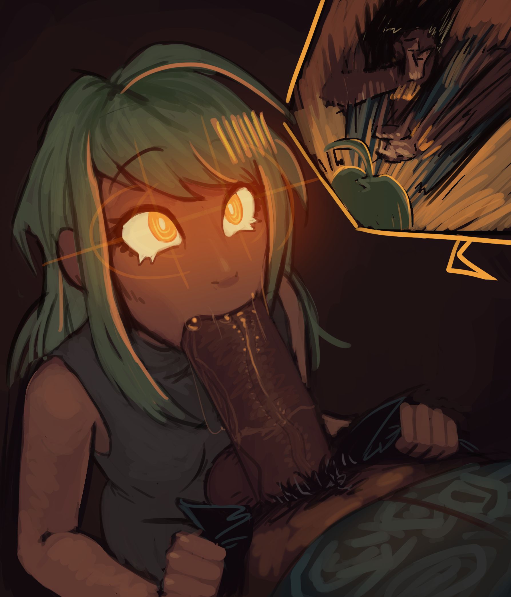 1boy, 1girls, 2026, big penis, blowjob, boxman, cock, dark skin, dark-skinned female, dark-skinned male, dick, funny, glowing eyes, hi res, high resolution, highres, huge cock, huge penis, large penis, of the devil, oral, oral sex, penis, robot, robot girl, serra (of the devil)