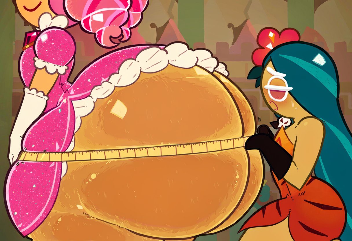 2girls, ai generated, armwear, ass, ass bigger than body, ass bigger than torso, bare ass, bottomless, clothed, cookie run, cookie run kingdom, cookie run ovenbreak, dark-skinned female, dat ass, dress, dumptruck ass, flower in hair, hair ornament, he tryna ignore it (meme), hyper ass, measuring tape, no sex, princess cookie, side view, sisters (lore), succubus30586, sweatdrop, tiger lily cookie