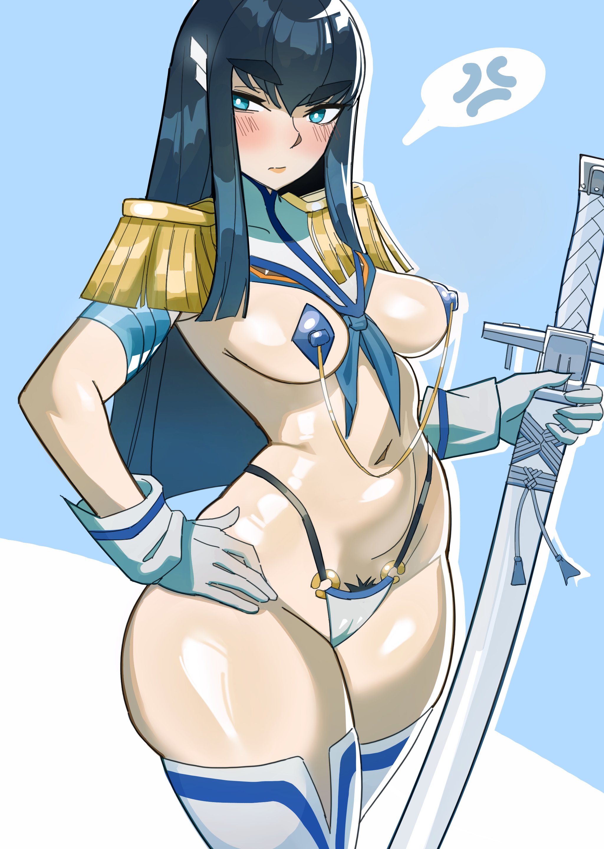 anger vein, blue eyes, blush, gloves, hand on hip, idarasen, kill la kill, kiryuuin satsuki, medium breasts, pasties, pubic hair, solo, solo female, solo focus, spoken anger vein, sword, thick eyebrows