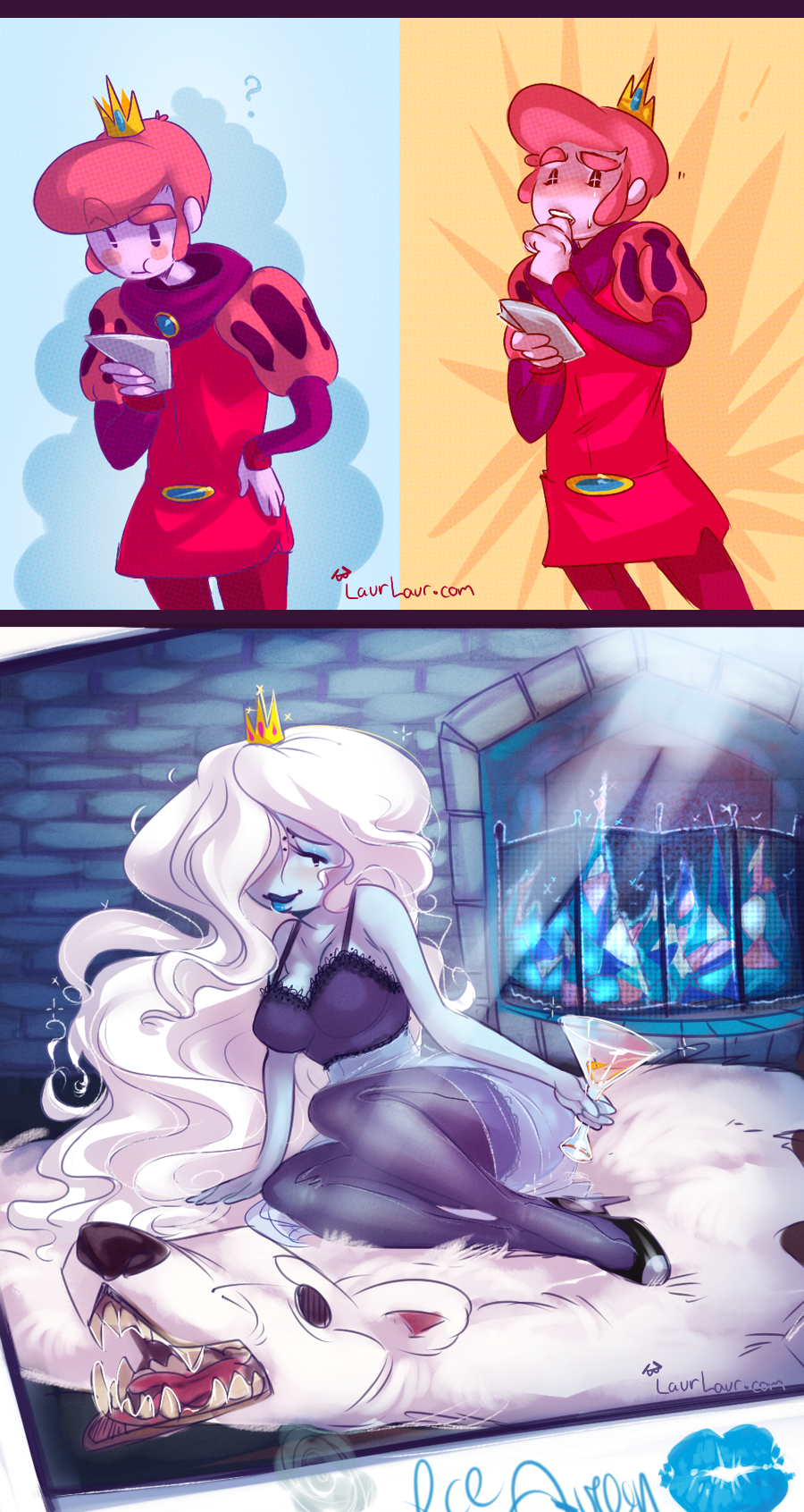 adventure_time blue_skin female hair_over_one_eye holding_glass holding_object ice_queen_(adventure_time) laurlaur prince_gumball seductive_look tagme white_hair