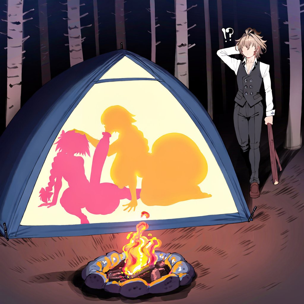 ai generated, astolfo (fate), big ass, big balls, big breasts, big butt, big penis, braid, braided ponytail, campfire, cheating, cheating wife, cucked by femboy, cuckold, fate (series), fate/apocrypha, femboy, femboy on female, huge ass, huge balls, huge breasts, huge butt, huge cock, huge penis, hung femboy, ishimo, jeanne d'arc (fate), kissing penis, netorare, outline, sieg (fate/apocrypha), silhouette, tent