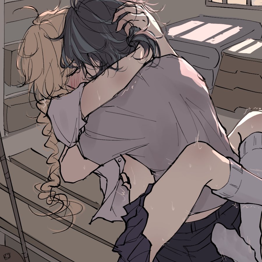 2boys, aether (genshin impact), blonde hair, blush, crossdressing, femboy, gay, geeeee ss, genshin impact, green hair, long hair, long-haired male, male, male only, male/male, school uniform, tagme, xiao (genshin impact), yaoi