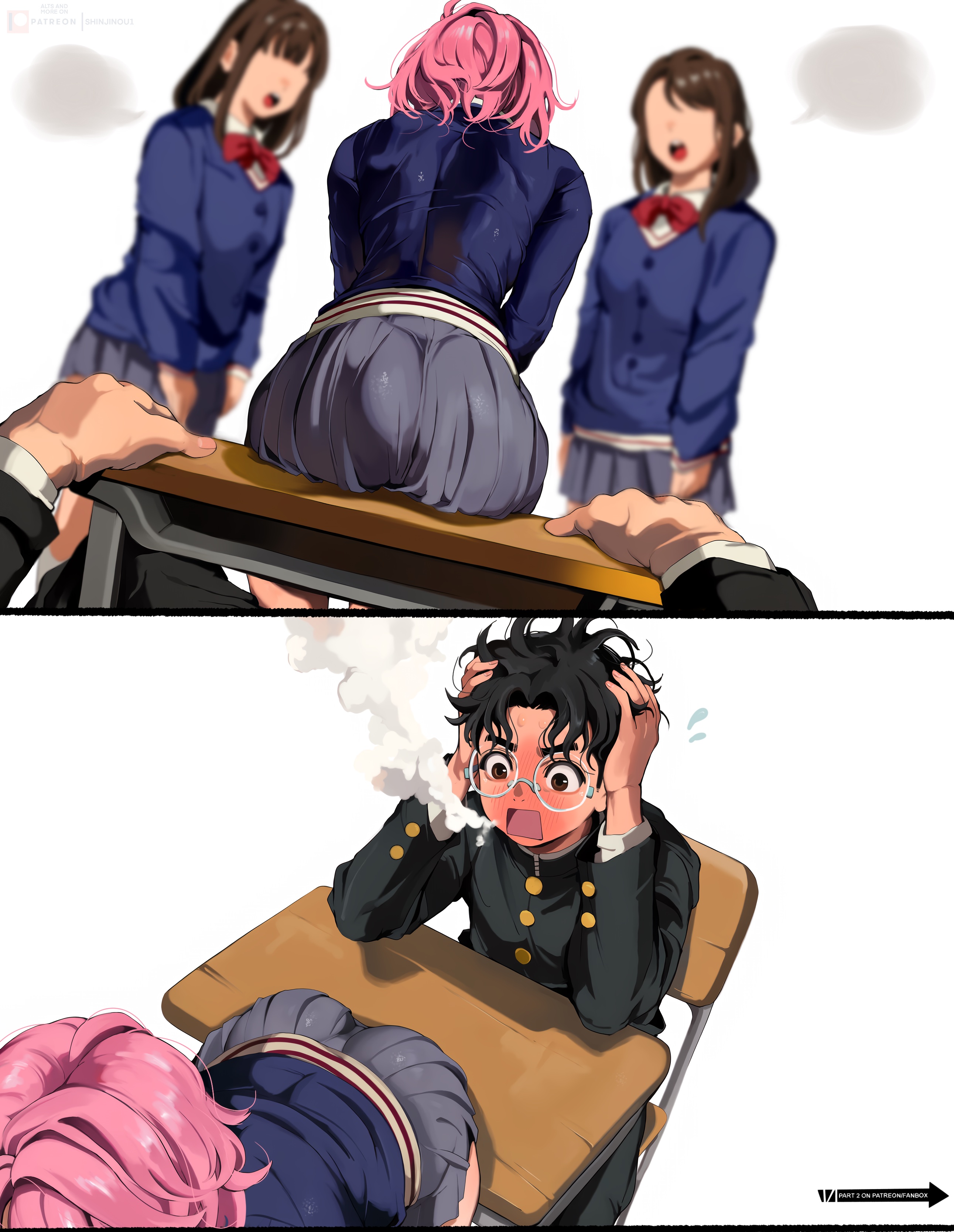 1boy, 2d, 2d (artwork), 3girls, arched back, ass, bangs, bending over, bent over, big ass, big thighs, black hair, brown hair, curvy, curvy body, curvy female, curvy figure, curvy hips, dandadan, fully clothed, large butt, leaning forward, manga character, medium hair, pink hair, presenting, presenting ass, presenting hindquarters, school desk, school girl, school uniform, schoolgirl, schoolgirl uniform, shinjinou, shiratori aira (dandadan), side view, skinny female, skirt, skirt lift, slim waist, squeezed breasts, squeezing breast, stretching, takakura ken (okarun), teasing, teasing partner, teasing with butt, teenage girl, teenager, thick ass, thick legs, thick thighs, white background, wide hips, wide thighs