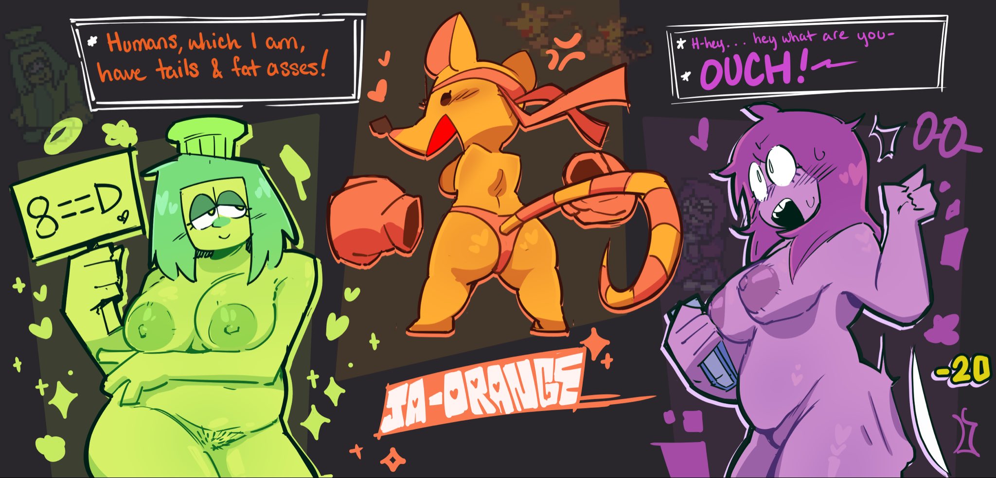 2026, 2d, 3girls, anthro, areolae, ass, astranger, big breasts, breasts, deltarune, english text, female, female only, furry, furry female, green (deltarune), green body, green hair, green skin, hair, mouse, mouse girl, mouse tail, naked, naked female, nipples, nude, nude female, orange (deltarune), pubic hair, purple body, purple hair, purple skin, seth (deltarune), slightly chubby, slightly chubby female, tail, text, undertale (series)