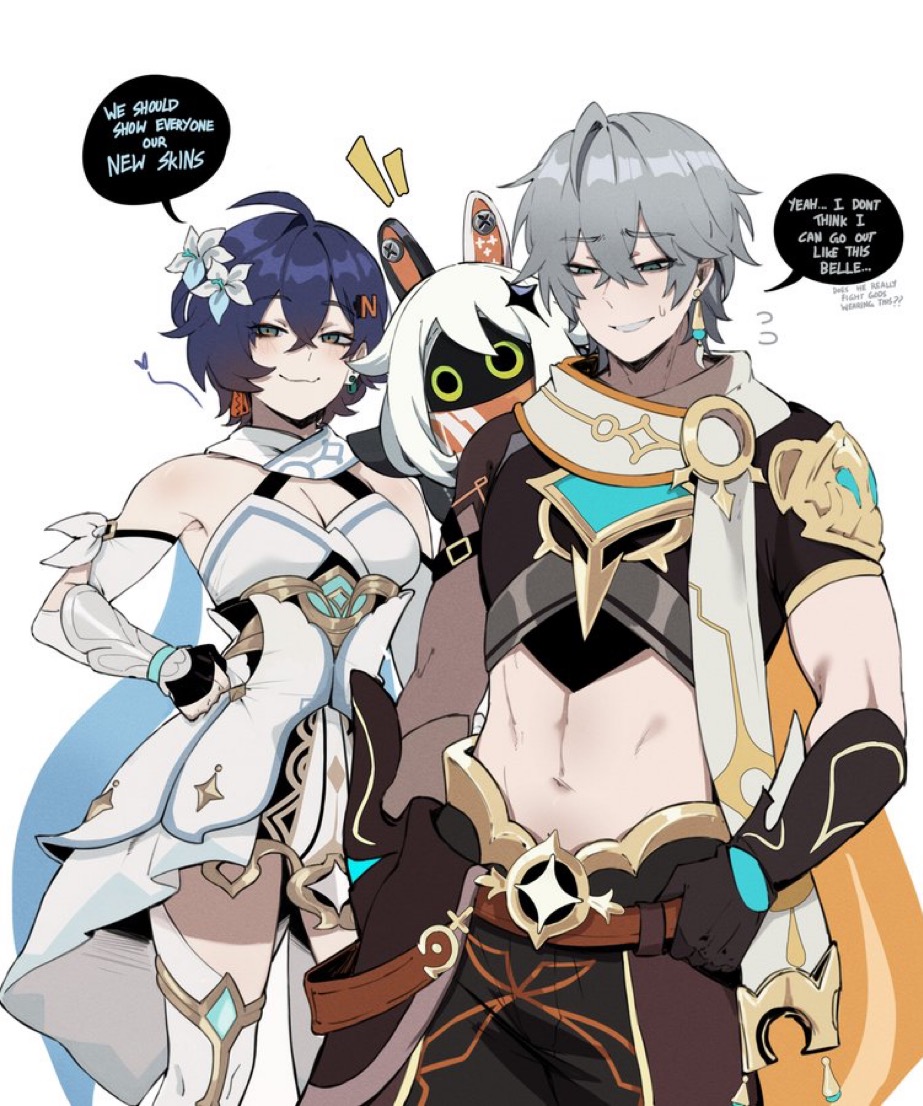 1boy, 1boy1girl, 1girls, 2d, 2d (artwork), aether (genshin impact) (cosplay), belle (zenless zone zero), big breasts, blue hair, breasts, brother and sister, cleavage, cosplay, earrings, female, flower, flower in hair, genshin impact, gray hair, hi res, highres, hoyoverse, light skin, light-skinned female, lumine (genshin impact) (cosplay), male, masoq095, mihoyo, short hair, sweatdrop, thighs, white background, wise (zenless zone zero), zenless zone zero