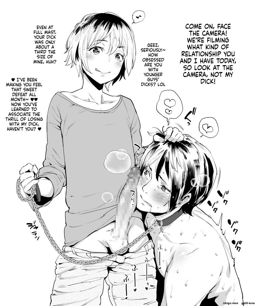 2boys, ai translated, androgynous, black hair, brother, brothers, censored, clothes pull, commentary request, cowboy shot, crossdressing, crossdressing (mtf), erection, gay, gay male, grabbing another's hair, holding, holding another's hair, holding leash, incest, large penis, leash, licking lips, long sleeves, male, male focus, mario (mario portal), mosaic censoring, multiple boys, original, pants, pants pull, penis, shirt, simple background, slave, small dom big sub, small top big bottom, standing, tongue, tongue out, white background, yaoi, young, younger male