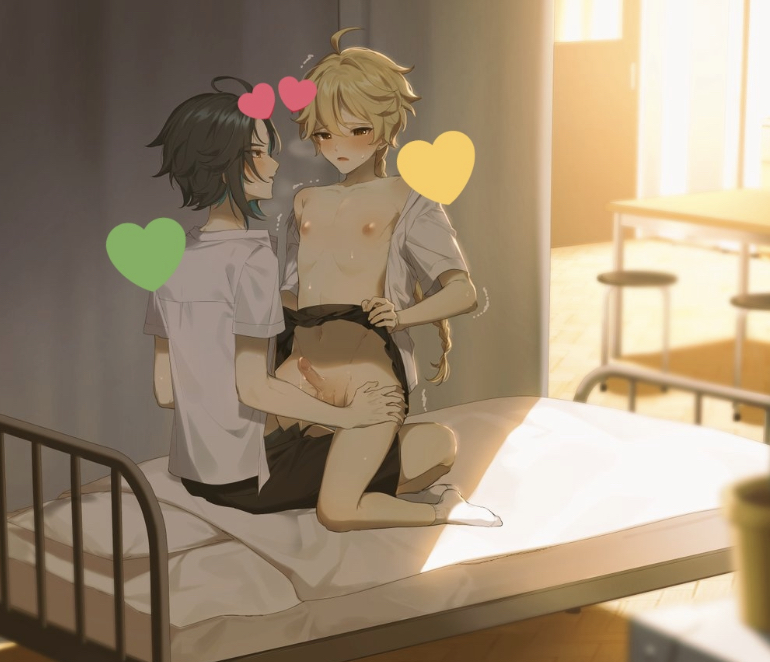 aether (genshin impact), crossdressing, femboy, gay, genshin impact, male, male only, school uniform, xiao (genshin impact), yaoi