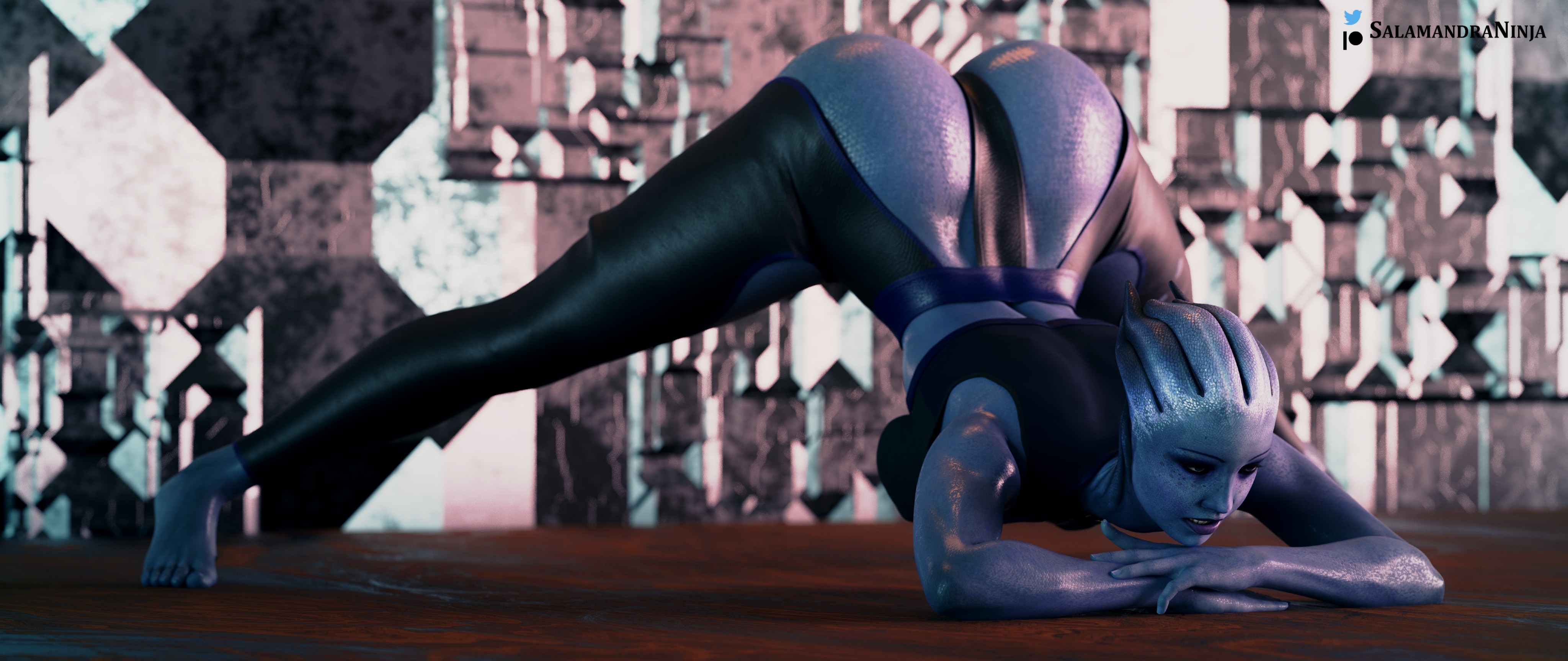 3d, asari, ass, ass up, feet, female, jack-o pose, liara t'soni, mass effect, salamandraninja, solo