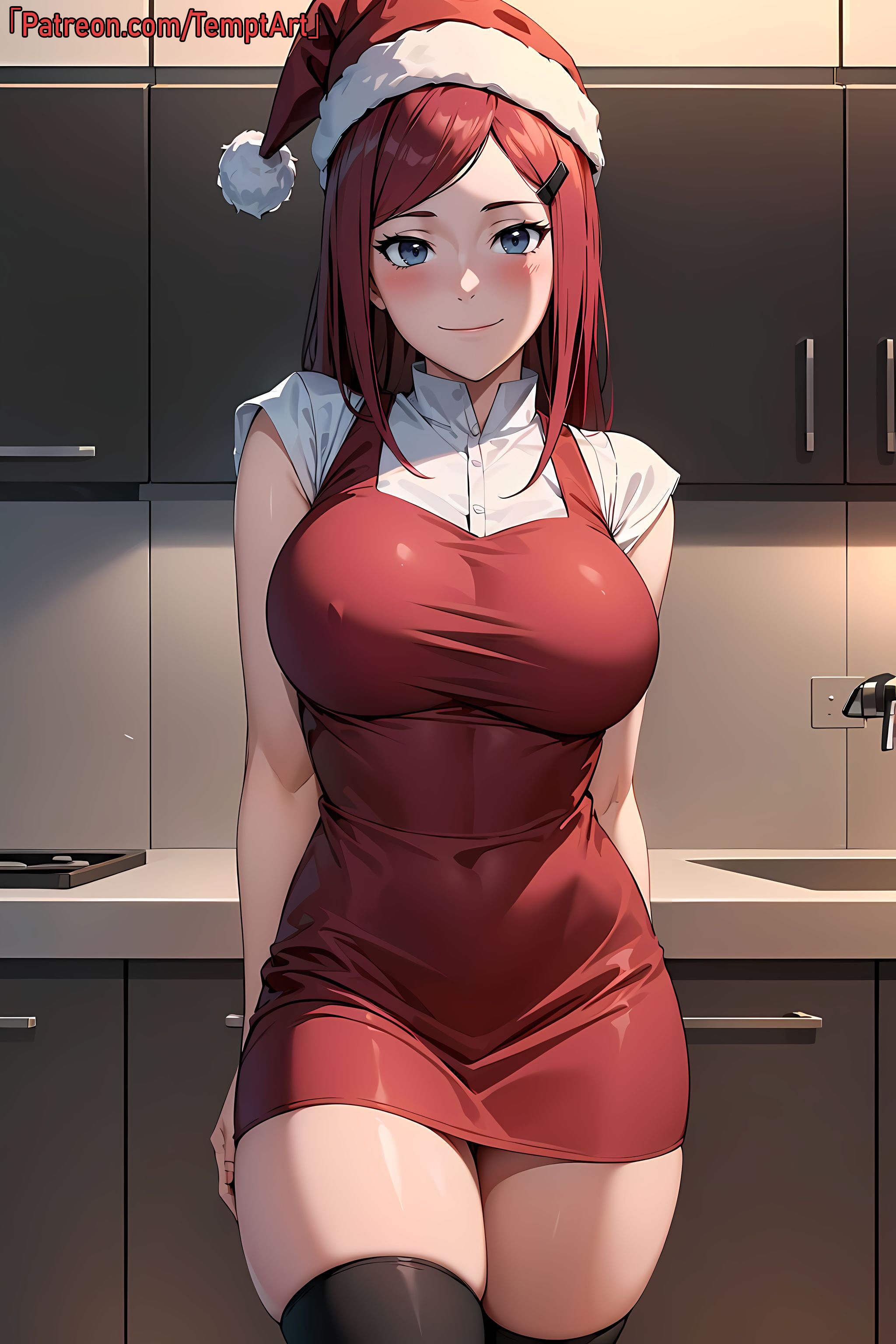 1girls, adapted costume, ai generated, big breasts, blue eyes, blush, breasts, christmas, christmas outfit, dress, dress shirt, erect nipples, erect nipples under clothes, facing viewer, female, female focus, front view, hard nipples, huge breasts, light skin, light-skinned female, long hair, mature, mature female, milf, nai diffusion, naruto, naruto (series), naruto shippuden, nipples, patreon username, red hair, santa hat, shirt, smile, stable diffusion, stockings, temptart, thick thighs, thighs, tight clothing, url, uzumaki kushina, walking, walking towards viewer, watermark, web address