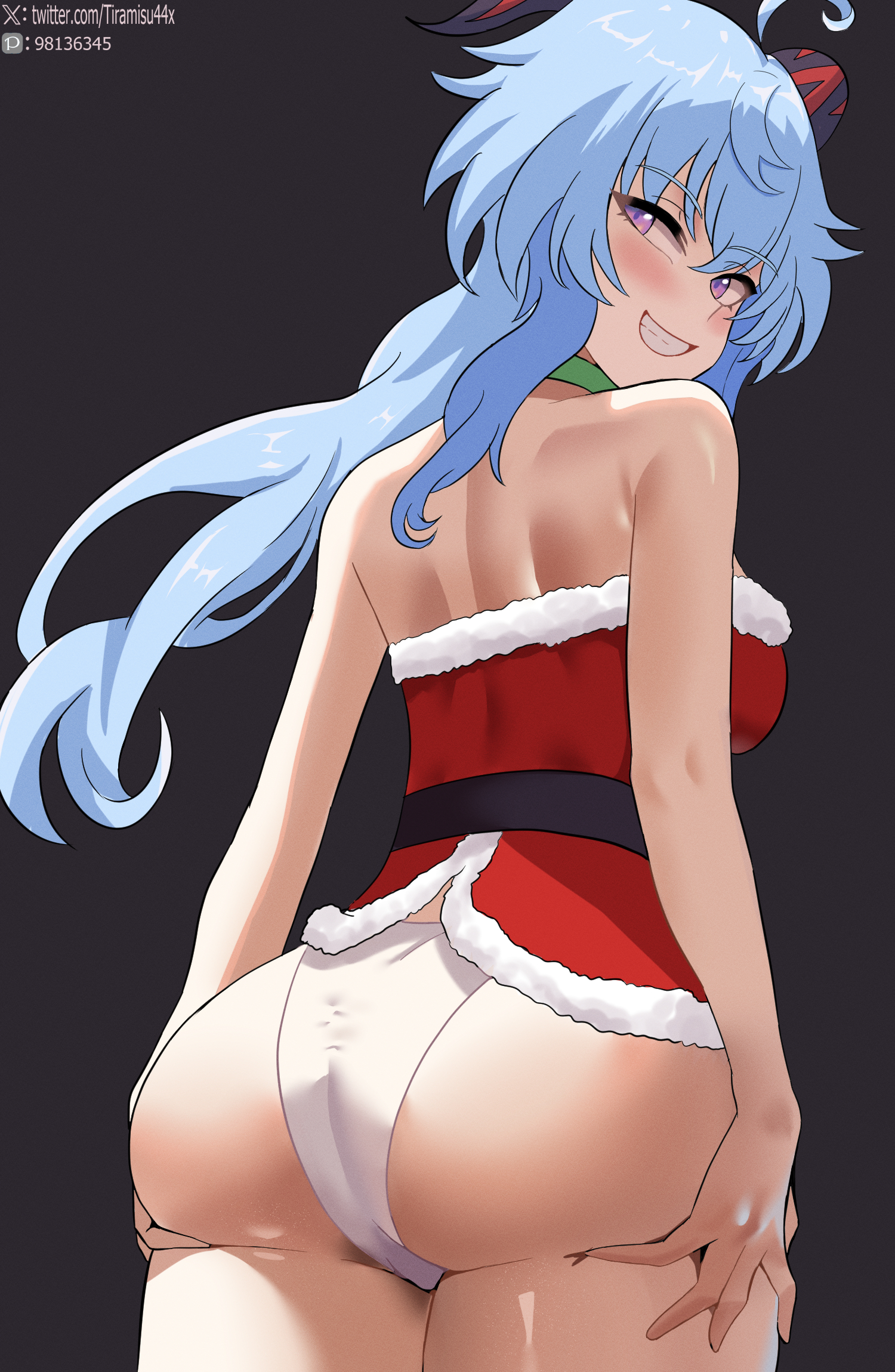 ass, ass focus, big ass, blue hair, blush, breasts, christmas, christmas clothing, christmas outfit, female, ganyu (genshin impact), genshin impact, horns, looking at viewer, panties, purple eyes, sideboob, smile, smiling, smiling at viewer, thighs, tiramisu44, traced, traced art, white panties