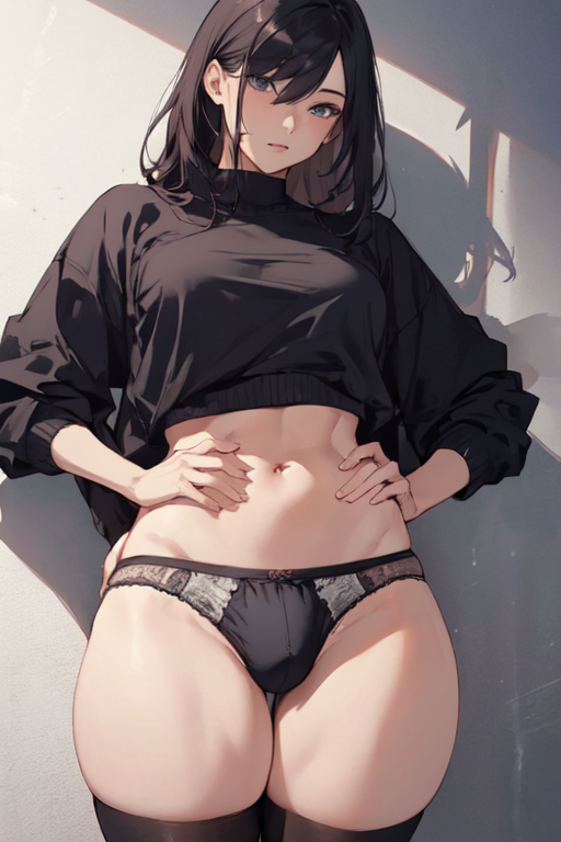 abs, ai generated, bare midriff, black clothing, black lingerie, black thighhighs, black underwear, blue eyes, breasts, brown hair, bulge, bulge through clothing, futa only, futanari, hands on hips, intersex, lingerie, long hair, looking at viewer, navel, original, original character, partially clothed, pixai, solo, solo futa, thick thighs, thighhighs, underwear