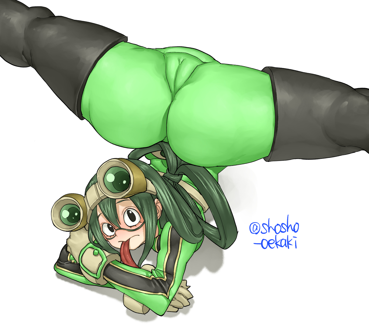 1girls, ass, big ass, bodysuit, cameltoe, female, female human, gloves, green hair, hero outfit (mha), human, long tongue, my hero academia, pussy, shosho oekaki, solo, superhero costume, superheroine, teenager, thick thighs, tight clothing, tsuyu asui