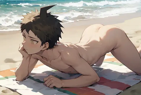 ai_generated beach completely_nude danganronpa hinata_hajime yaoi