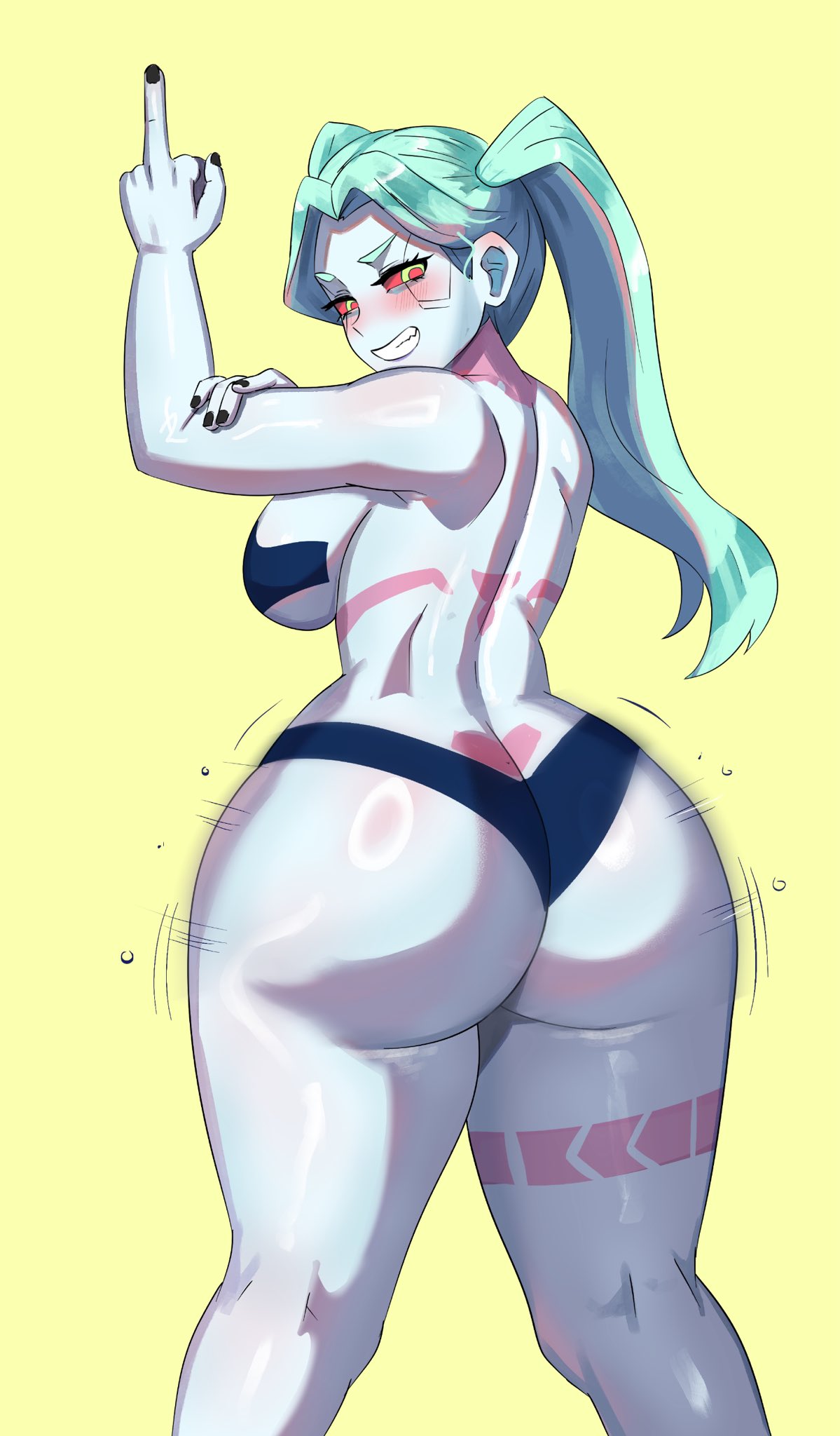 1girls, alternate breast size, ass, ass cleavage, ass crack, ass focus, ass shake, big ass, big breasts, breasts, bubble ass, bubble butt, butt crack, cyberpunk 2077, cyberpunk: edgerunners, fat ass, female, female only, green hair, huge ass, large ass, looking at viewer, looking back, middle finger, rebecca (edgerunners), smile, smug, solo, thick ass, thick thighs, twerking, wide hips, ytrall