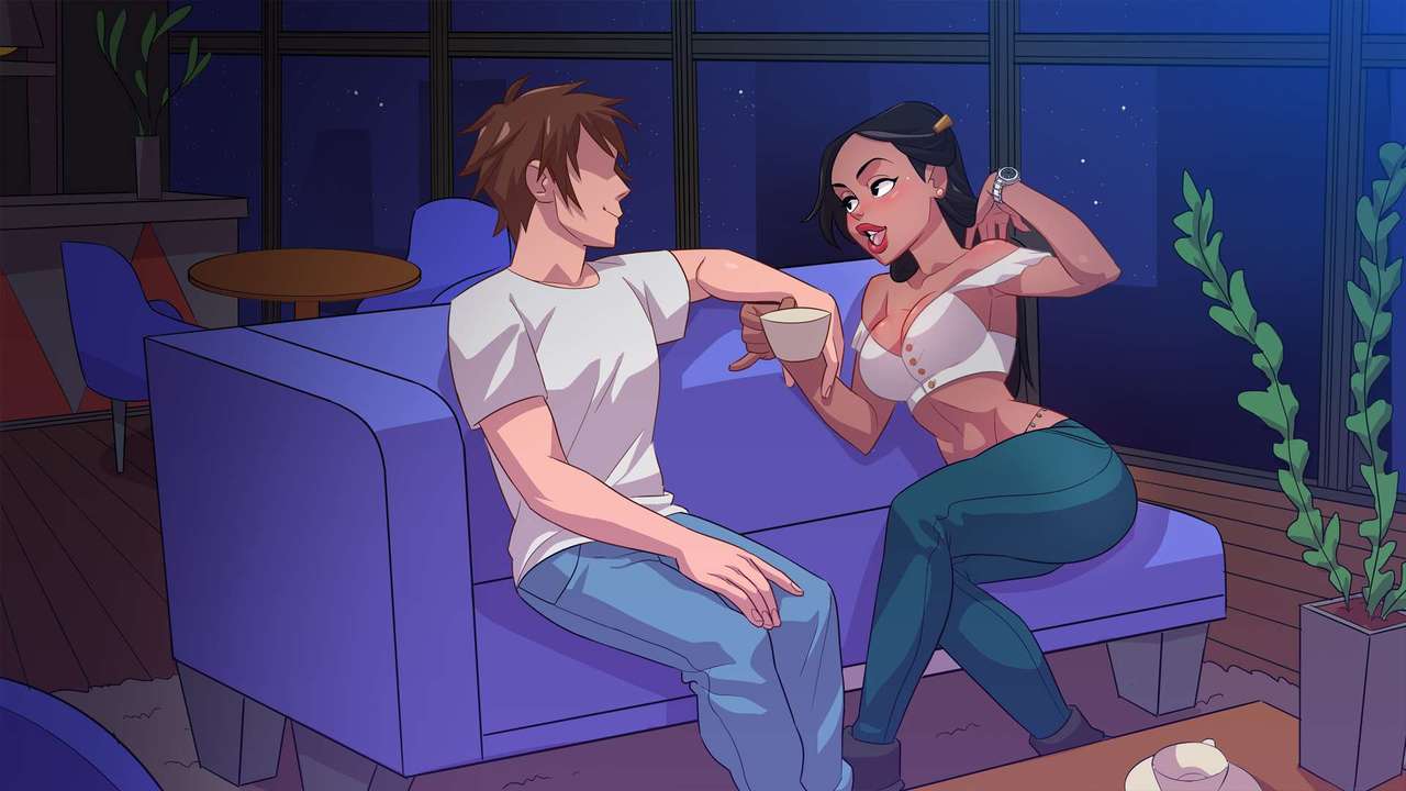 1boy 1girls apartment booty_farm brown_hair clothed clothed_female clothed_male clothed_male_clothed_female coffee_cup coffee_mug couch cup dark-skinned_female date dated dating eyeless eyeless_male faceless_male female flirting isabella_(booty_farm) jeans light-skinned_female male midriff night night_time nighttime non-nude nutaku sitting sitting_on_couch straight tan-skinned_female tan-skinned_male tender_troupe white_blouse white_shirt wristwatch