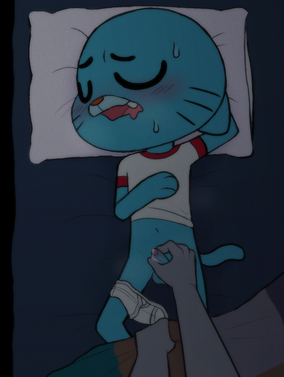 1boy 2023 anon bed blush bottomless cartoon_network cat closed_eyes cub erect_penis feline gumball_watterson hand_on_penis male open_mouth sleeping somnophilia the_amazing_world_of_gumball tighty_whities underwear_around_one_leg warner_brothers wuggy