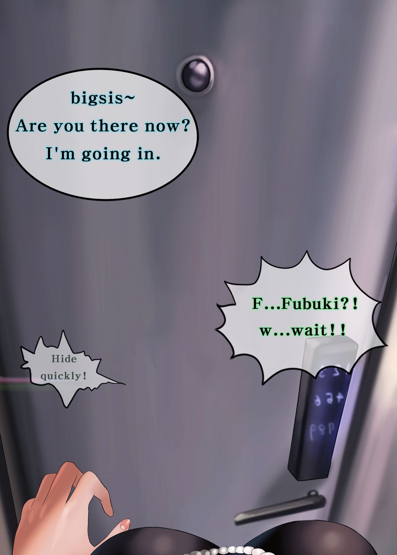 1girls, big breasts, breasts, comic, door, english text, fair6805, female, female only, fubuki (one-punch man), one-punch man, pearl necklace, rkrk12, solo, text
