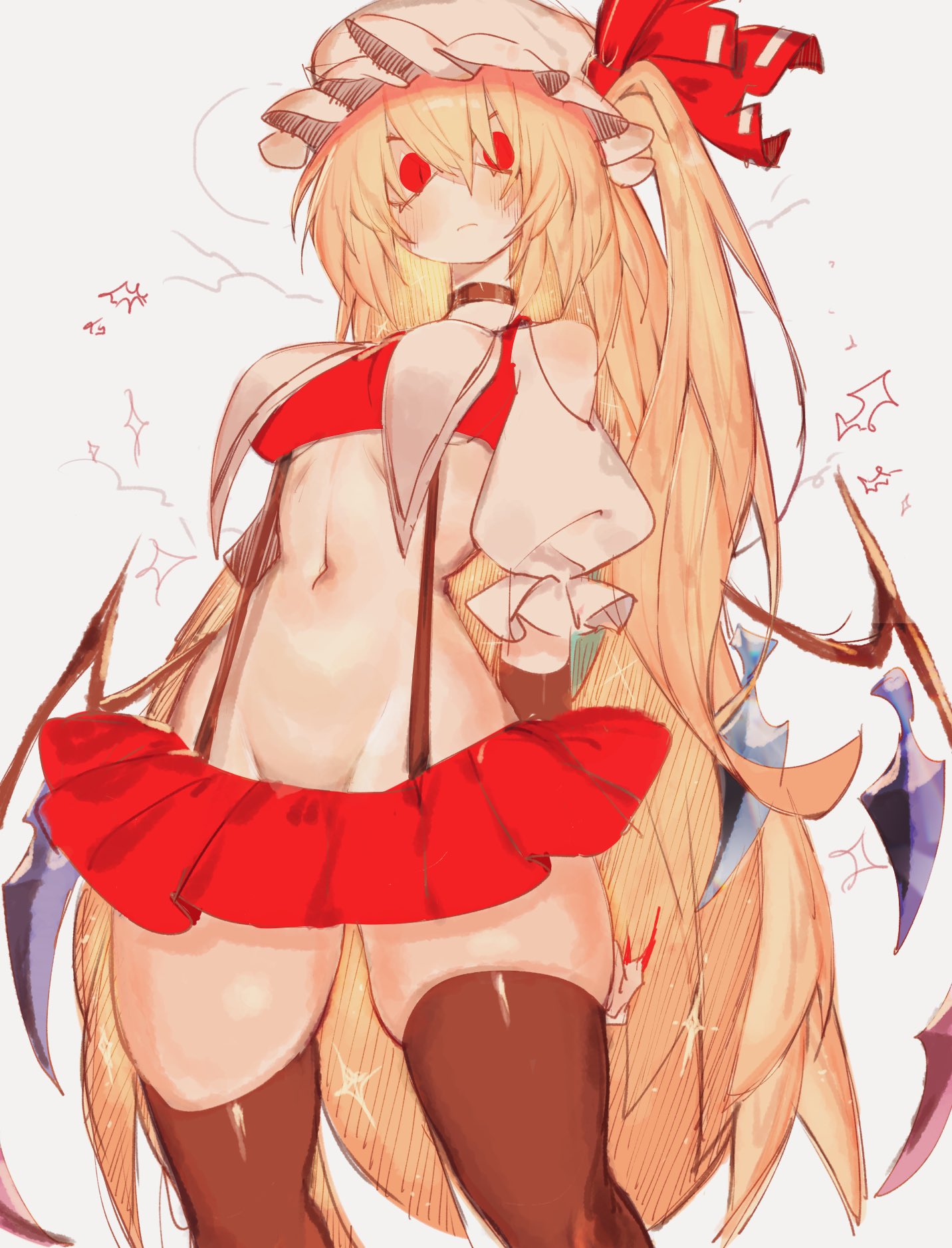 blonde hair, eye contact, female, flandre scarlet, red eyes, thighhighs, thighs, touhou, usa37107692