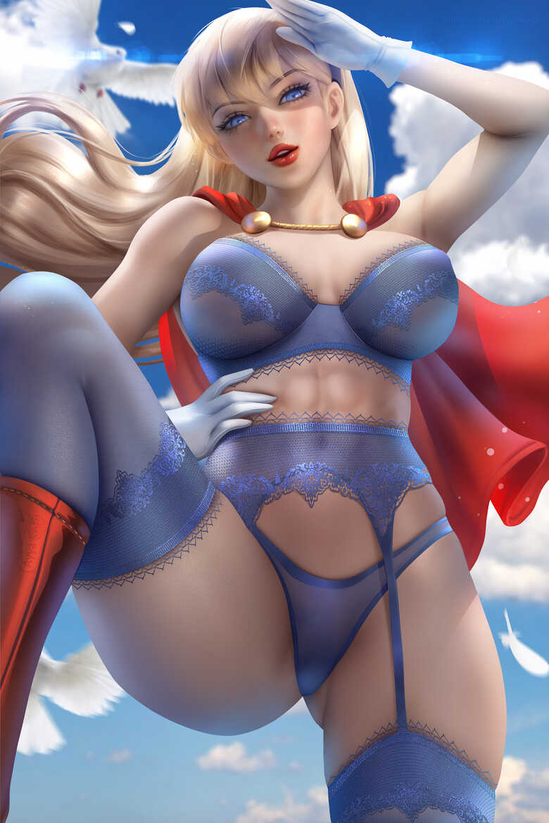 ayyasap blonde_hair blue_bra blue_eyes blue_garter_straps blue_lingerie blue_panties blue_stockings bra cape dc dc_comics female female_only flying light-skinned_female linda_danvers lingerie looking_at_viewer panties red_cape revealing_clothes sky stockings supergirl superheroine white_gloves