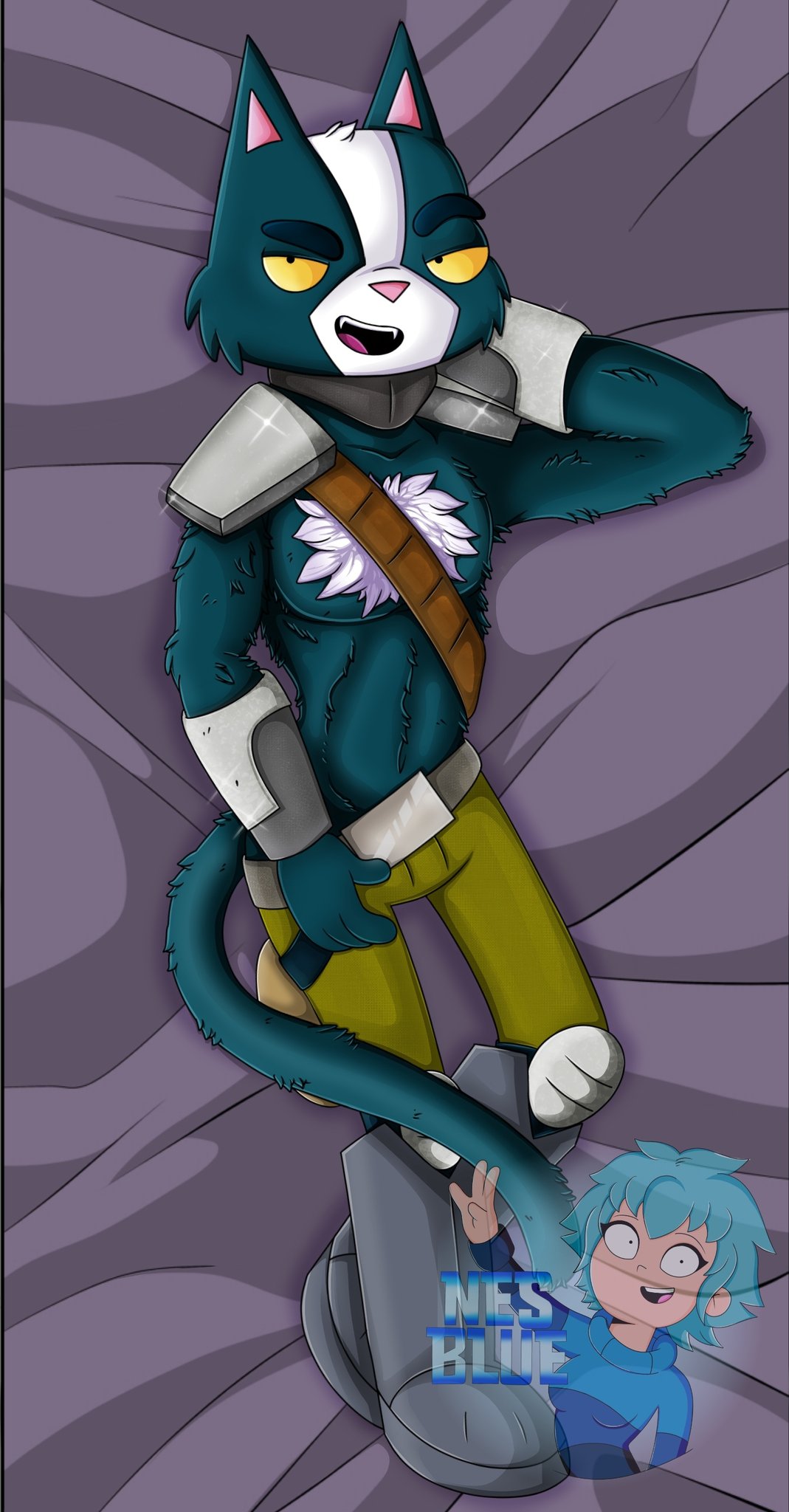 alien athletic_anthro athletic_male avocato bedroom_eyes blue_body blue_fur bottomwear dakimakura felid feline final_space gauntlets gay half-closed_eyes hand_on_head hand_on_pants laying_on_bed male male_focus male_only nes_blue on_bed pants seductive seductive_eyes seductive_look shoulder_armor shoulder_pads teal_body teal_hair thejayster49 two_tone_body two_tone_fur ventrexian wrist_cuffs wristwear yellow_eyes yellow_sclera