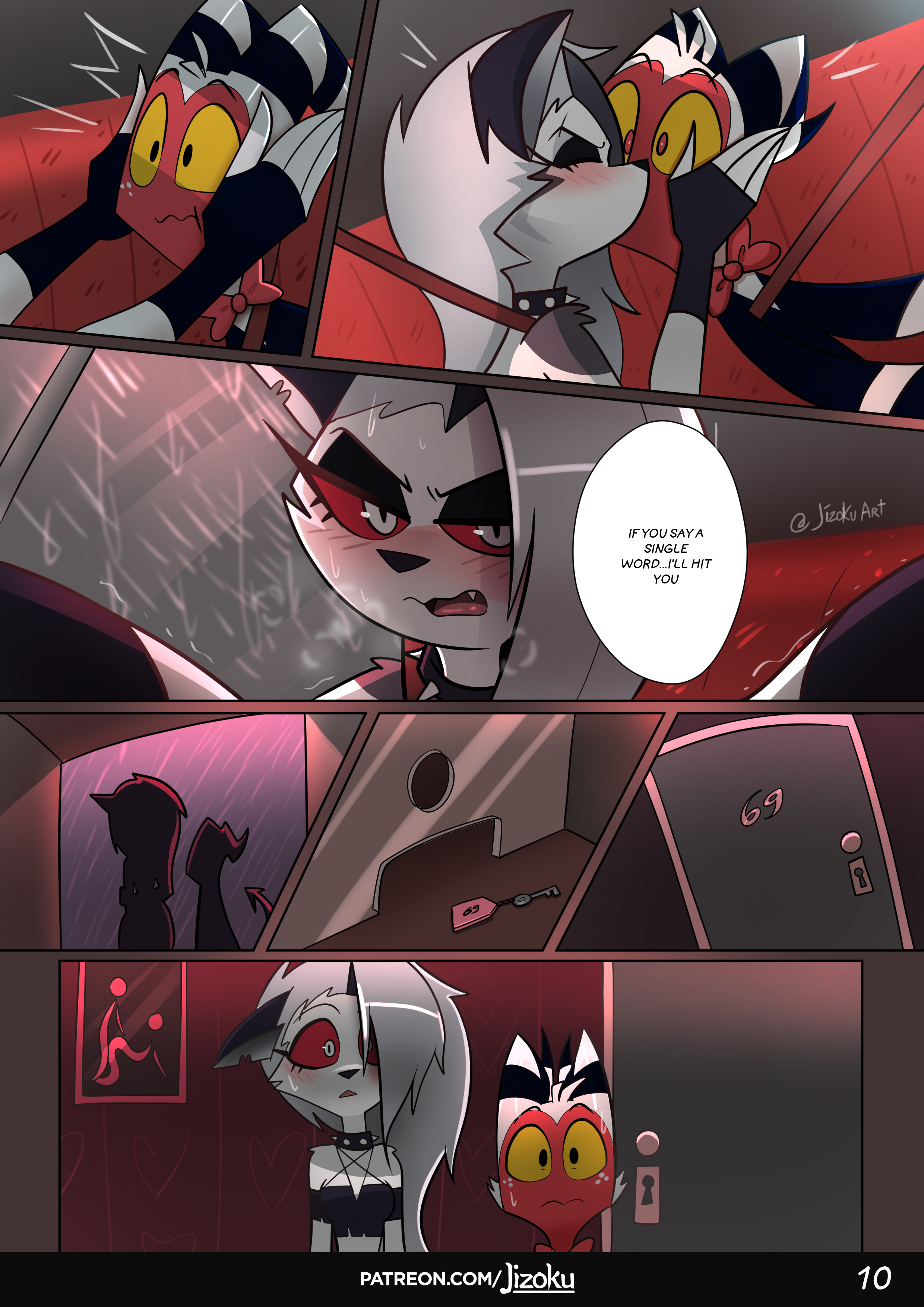 1boy, 1girls, absurd res, animal ears, anthro, blush, blush lines, bowtie, canid, canine, car, car interior, closed eyes, clothed, clothing, comic, crop top, cute, demon, digital media (artwork), door, duo, embarrassed, english text, eyebrows, eyeshadow, face grab, facing viewer, fang, female, fingerless gloves, fox, furry, glare, glaring, goth, grey fur, grey hair, hair, hair over one eye, half-closed eyes, height difference, helluva boss, hi res, horns, hotel, imp, indoors, inside, jizoku, key, kissing, larger female, long hair, looking at viewer, loona (helluva boss), love hotel, makeup, male, male/female, mammal, mascara, moxxie (helluva boss), open mouth, page 10, patreon username, pov, raining, red bowtie, red sclera, shaded, shorter male, silver hair, smaller male, spiked collar, steamy breath, surprise, surprised, sweat, sweatdrop, text, tsundere, white eyes, white fur, wide-eyed, wolf humanoid
