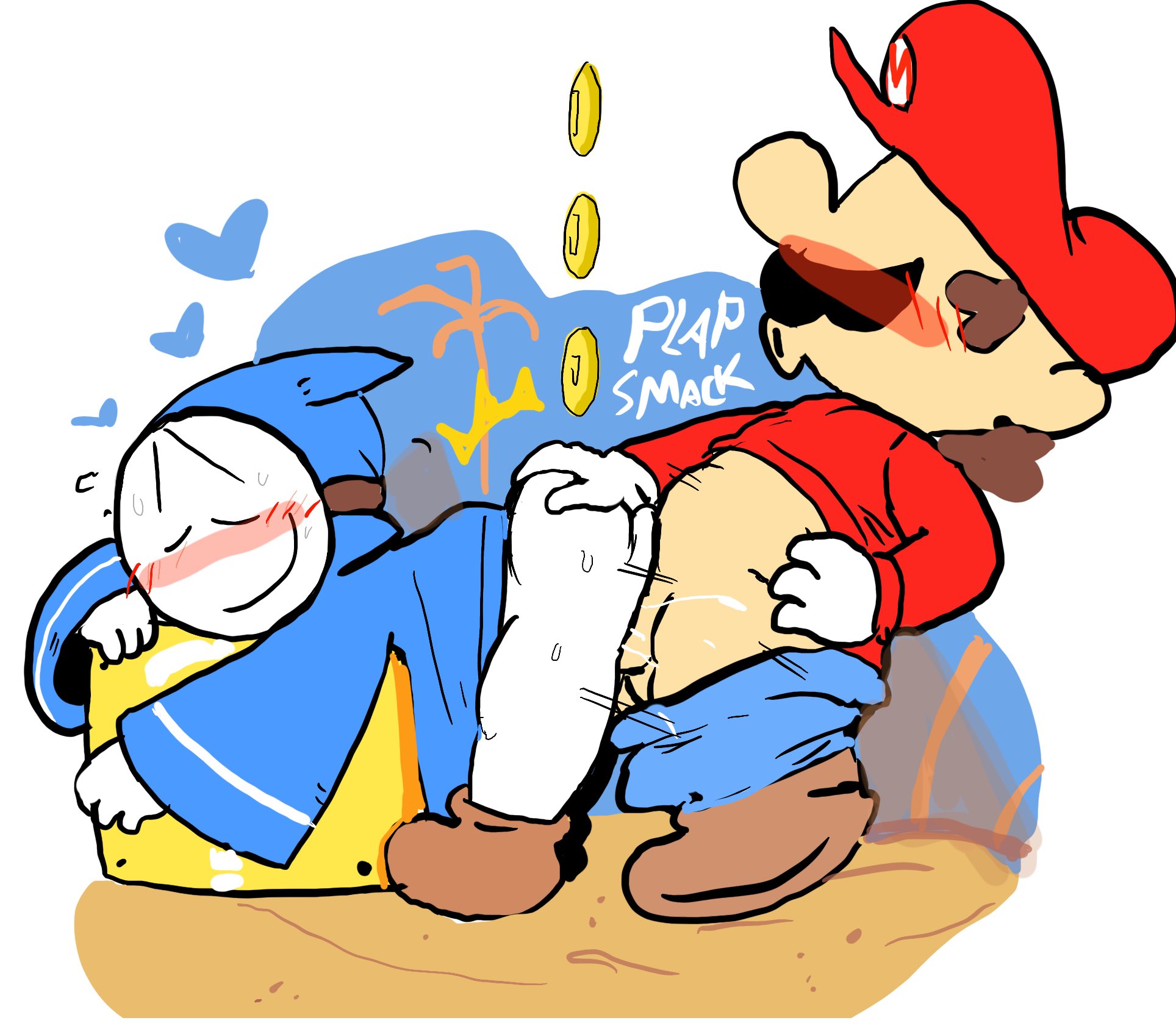 1boy, 1girls, ass, ass grab, bandit (mario), blush, blushing profusely, clothing, coin, doggy style, female, forbiddenchees8, leaning forward, male, male penetrating female, mario, mario (series), mask, masked female, paper mario, penetration, prostitution, smug grin